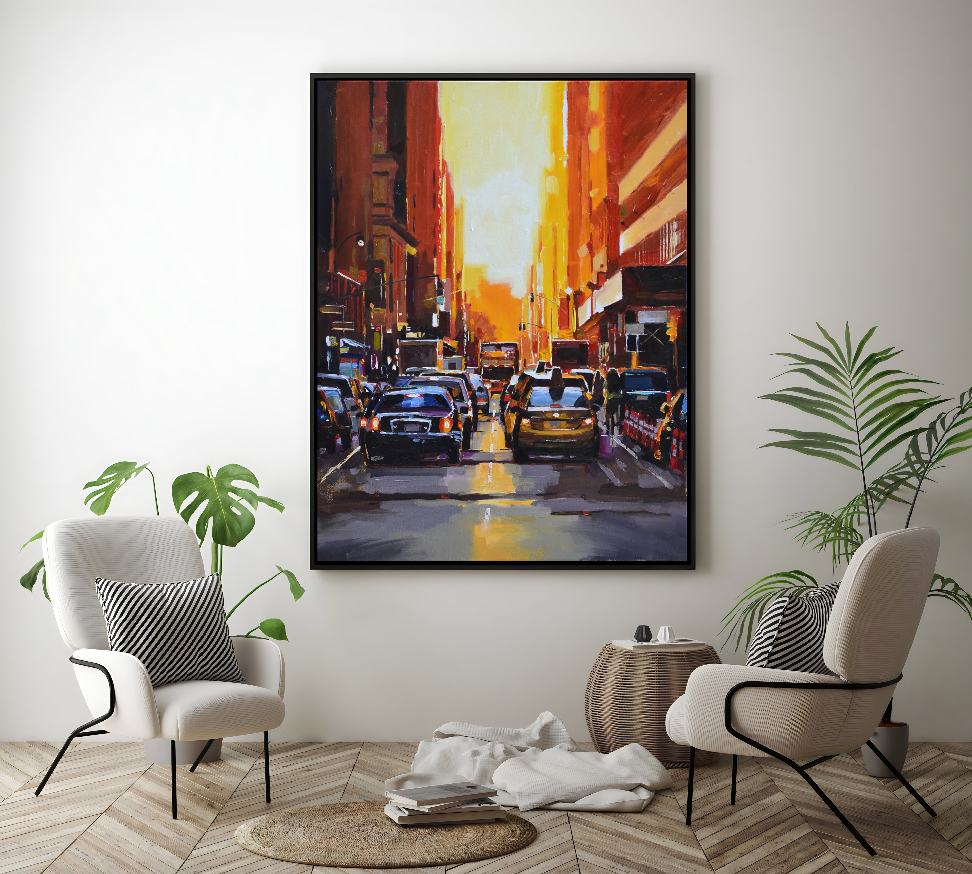 a painting of a city street filled with traffic