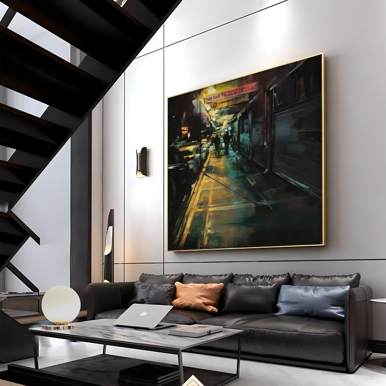 a living room filled with furniture and a painting on the wall