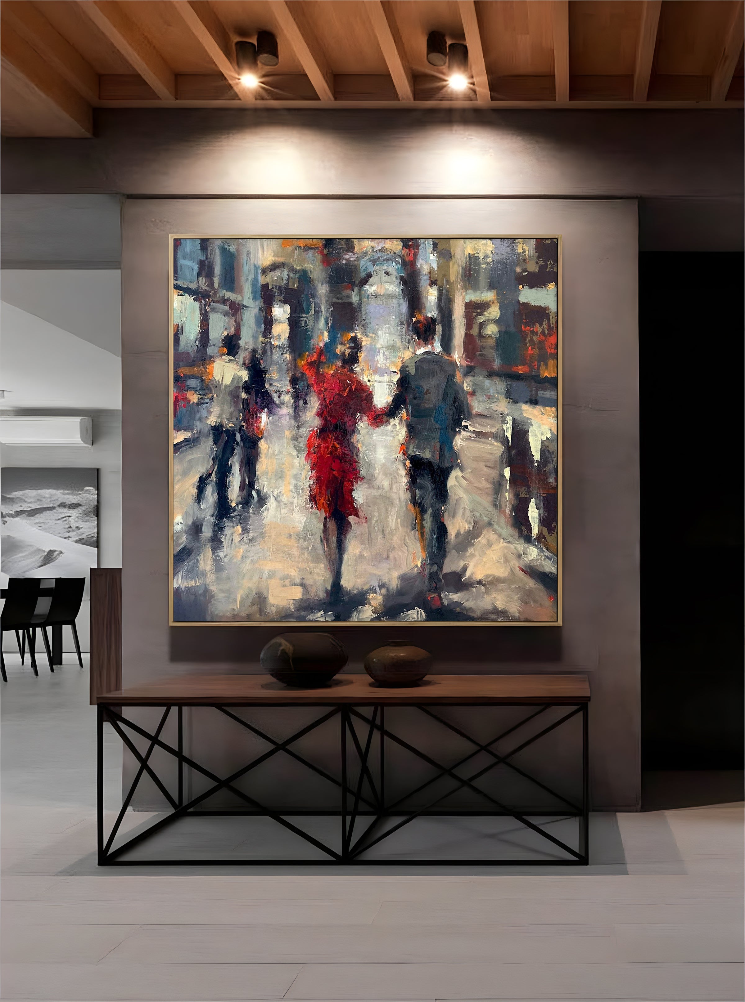 a painting of people walking down a city street