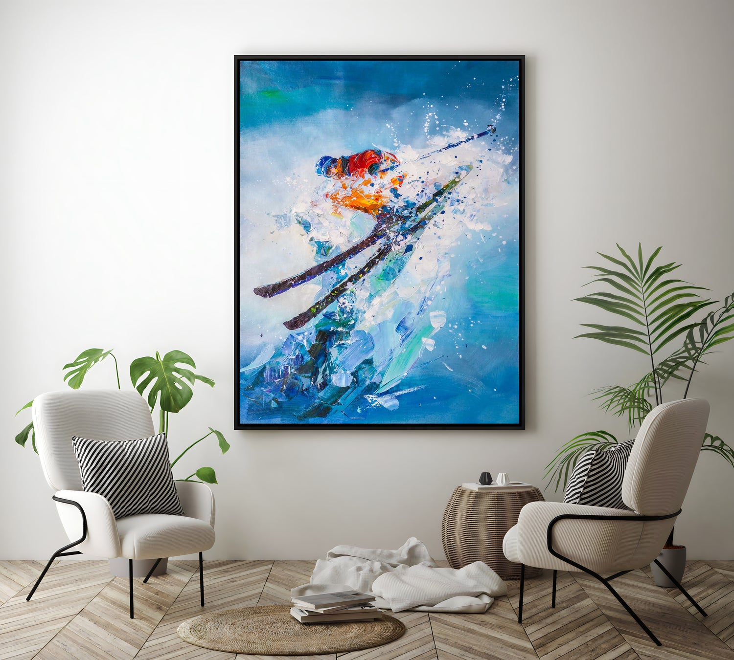 a painting of two skis on a wall