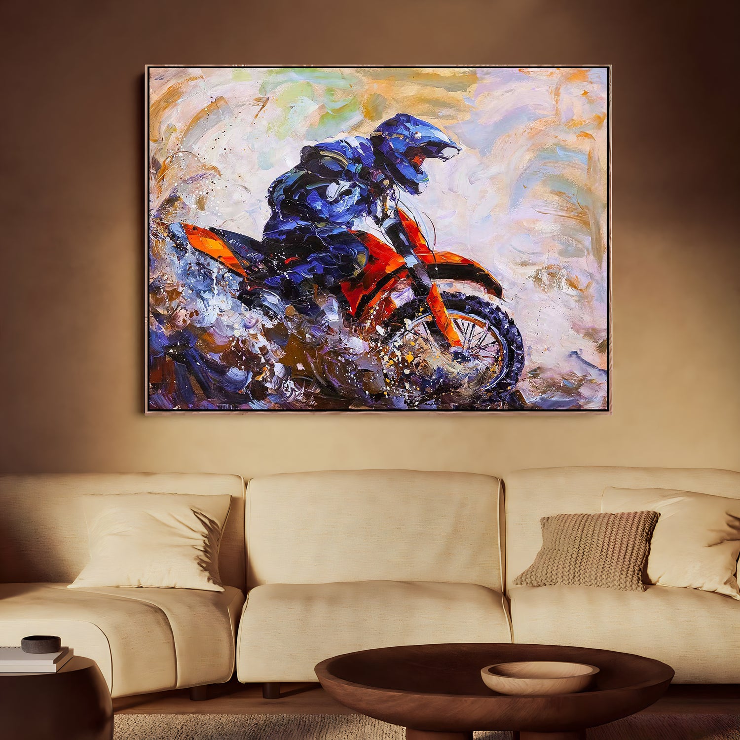 a painting of a man riding a dirt bike