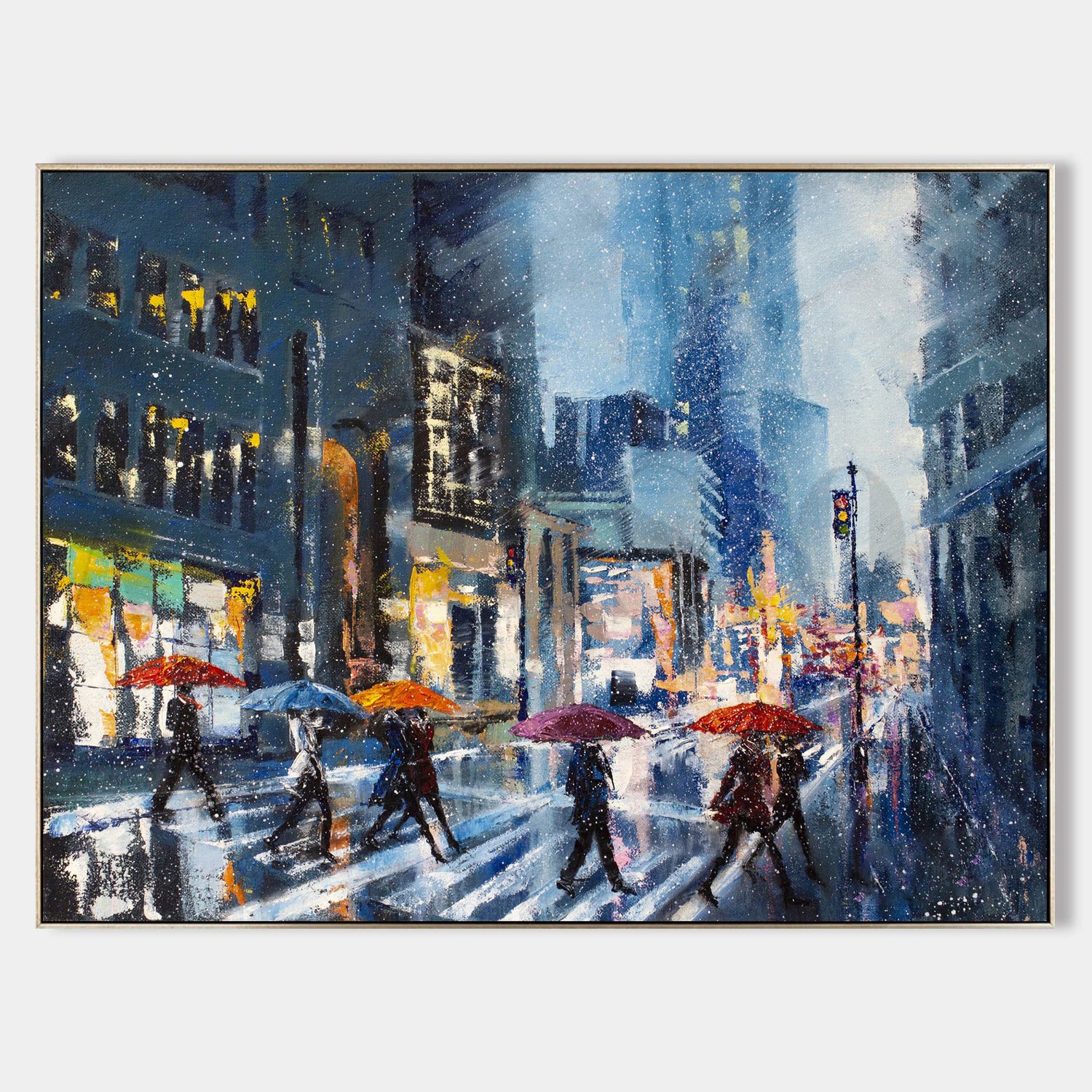 a painting of people walking in the rain with umbrellas