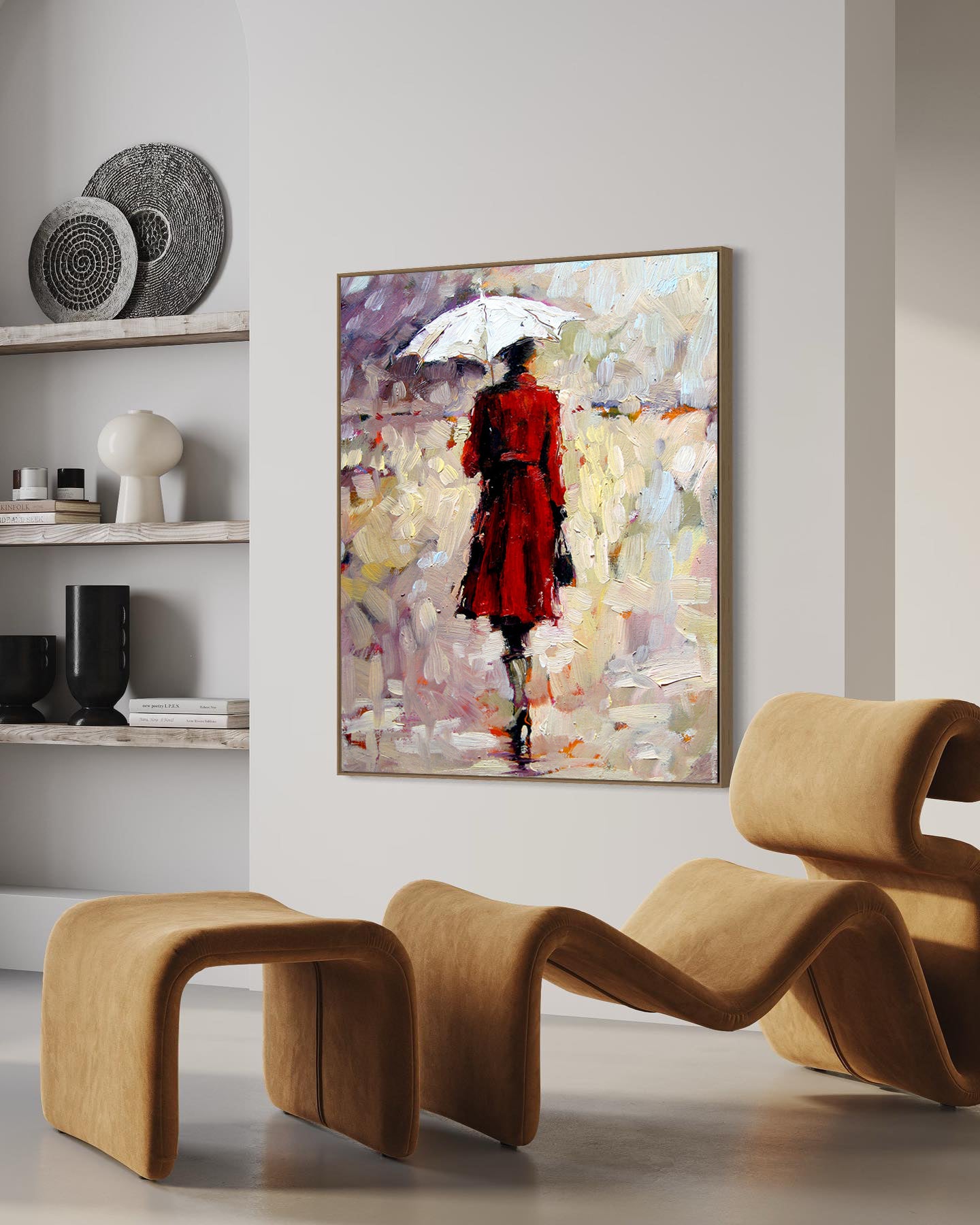 a painting of a woman in a red coat holding an umbrella