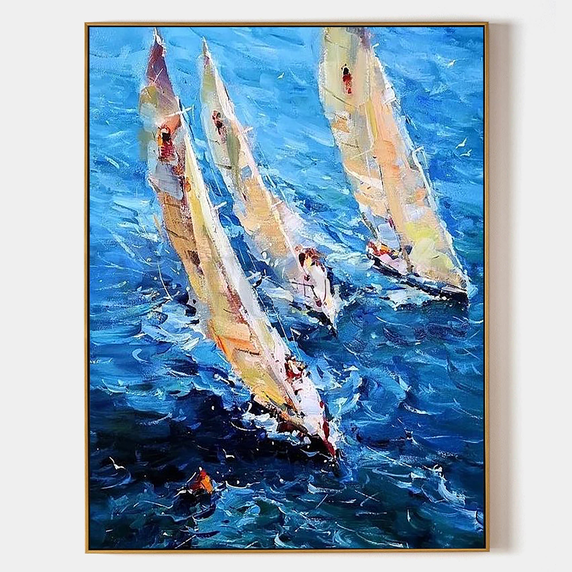 a painting of three sailboats in the ocean