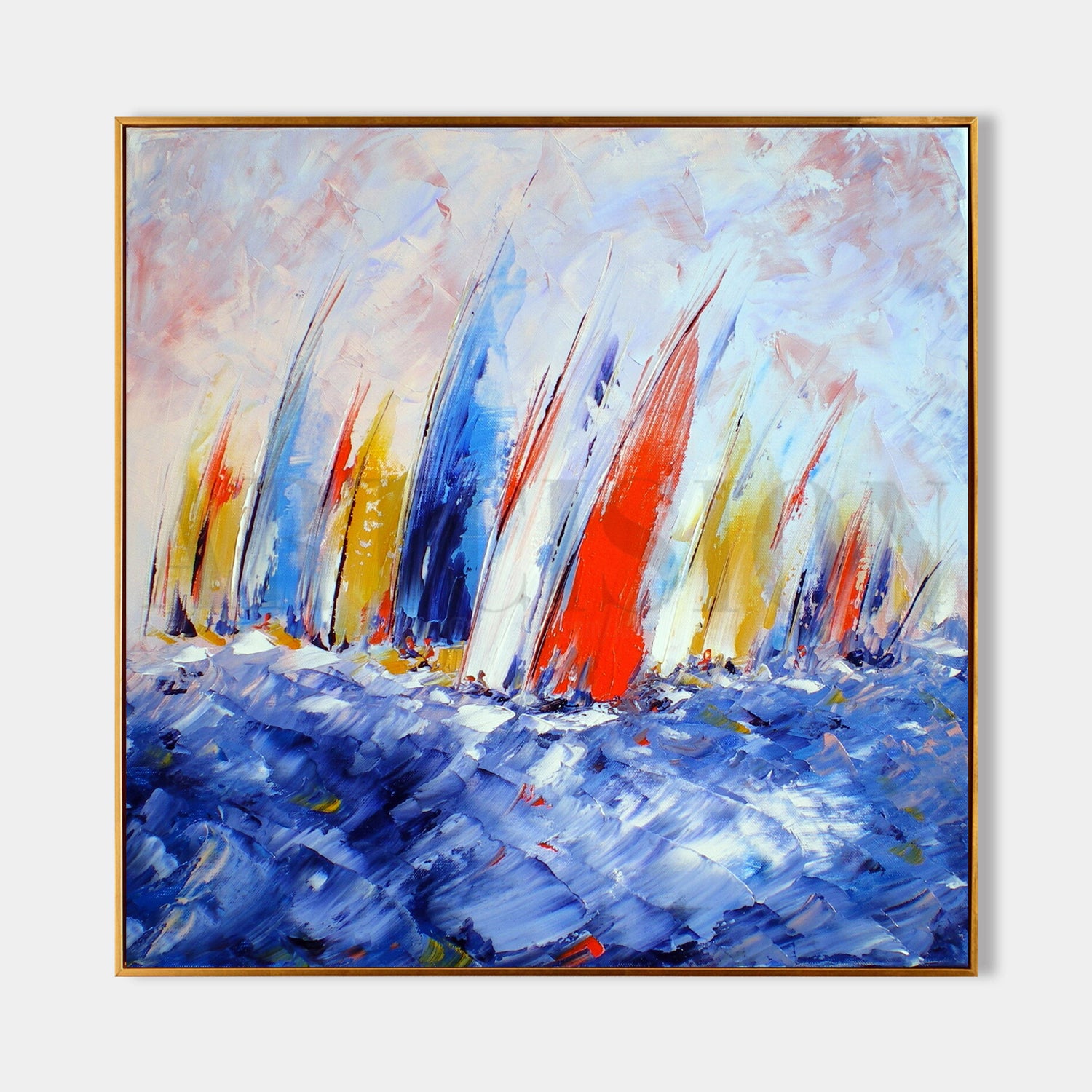 a painting of sailboats sailing in the ocean