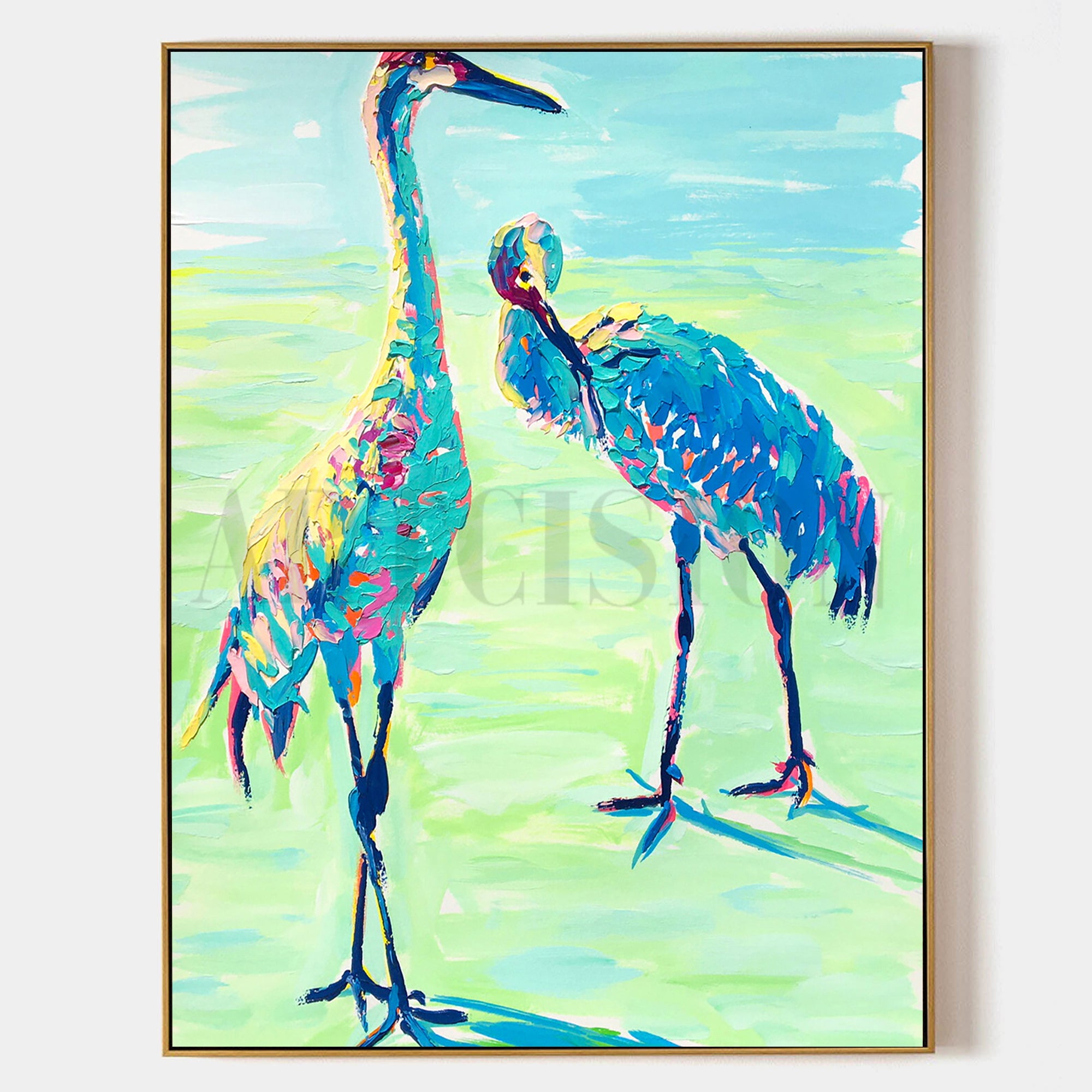 a painting of two birds standing next to each other