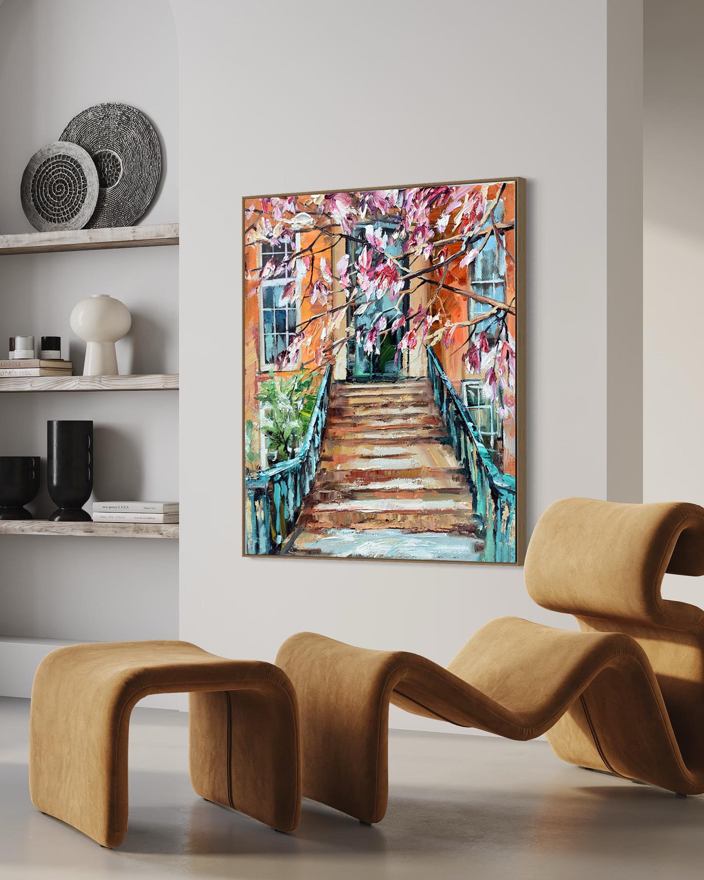 a painting of a stairway in a living room