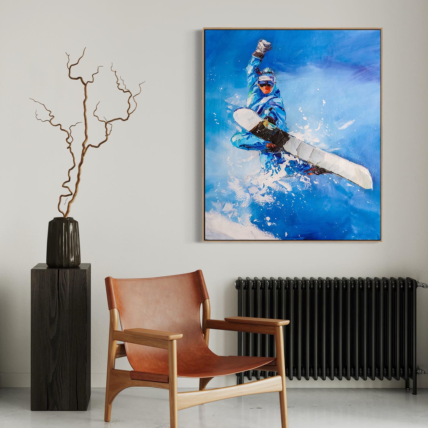 a painting of a man on a surfboard in a room