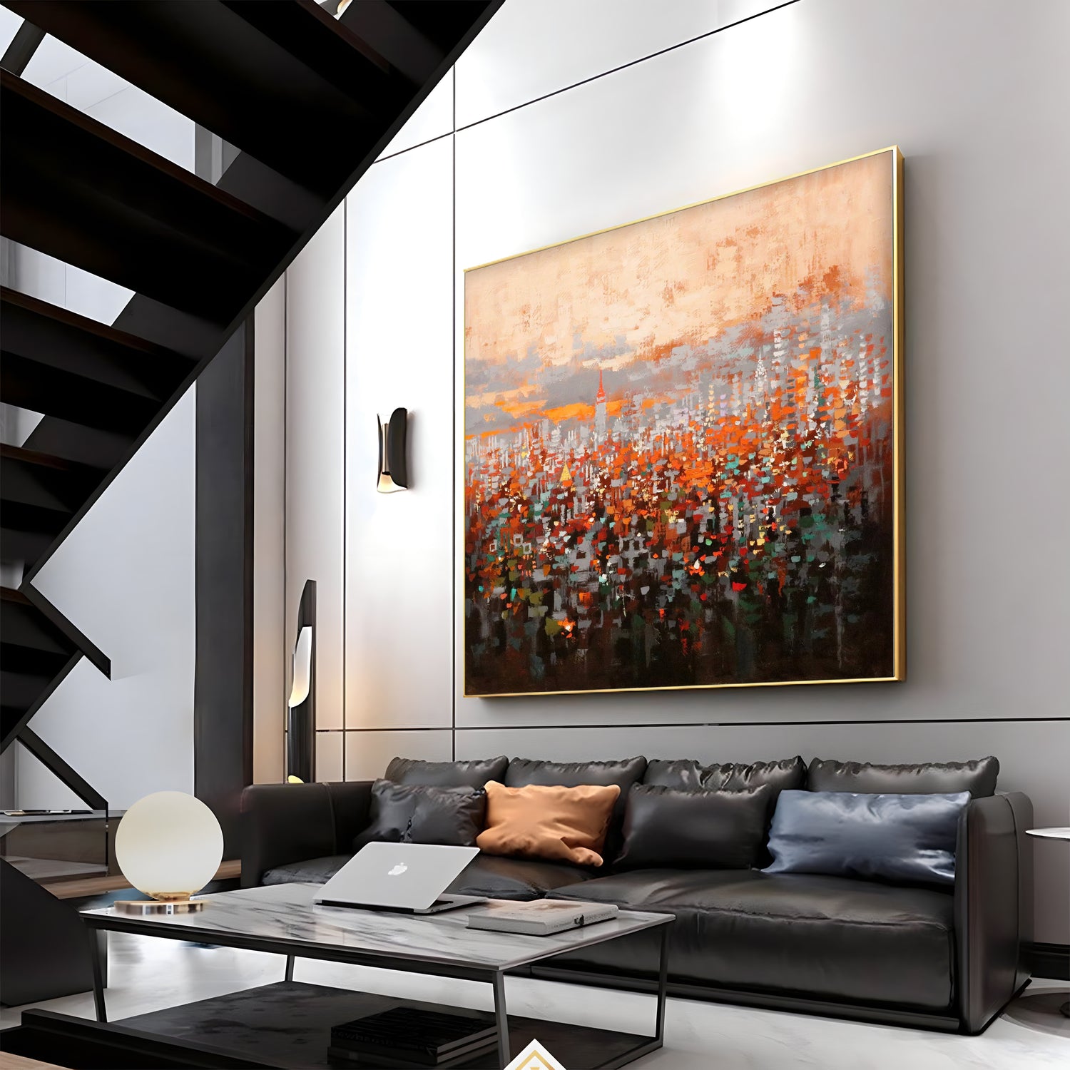 a living room filled with furniture and a painting on the wall