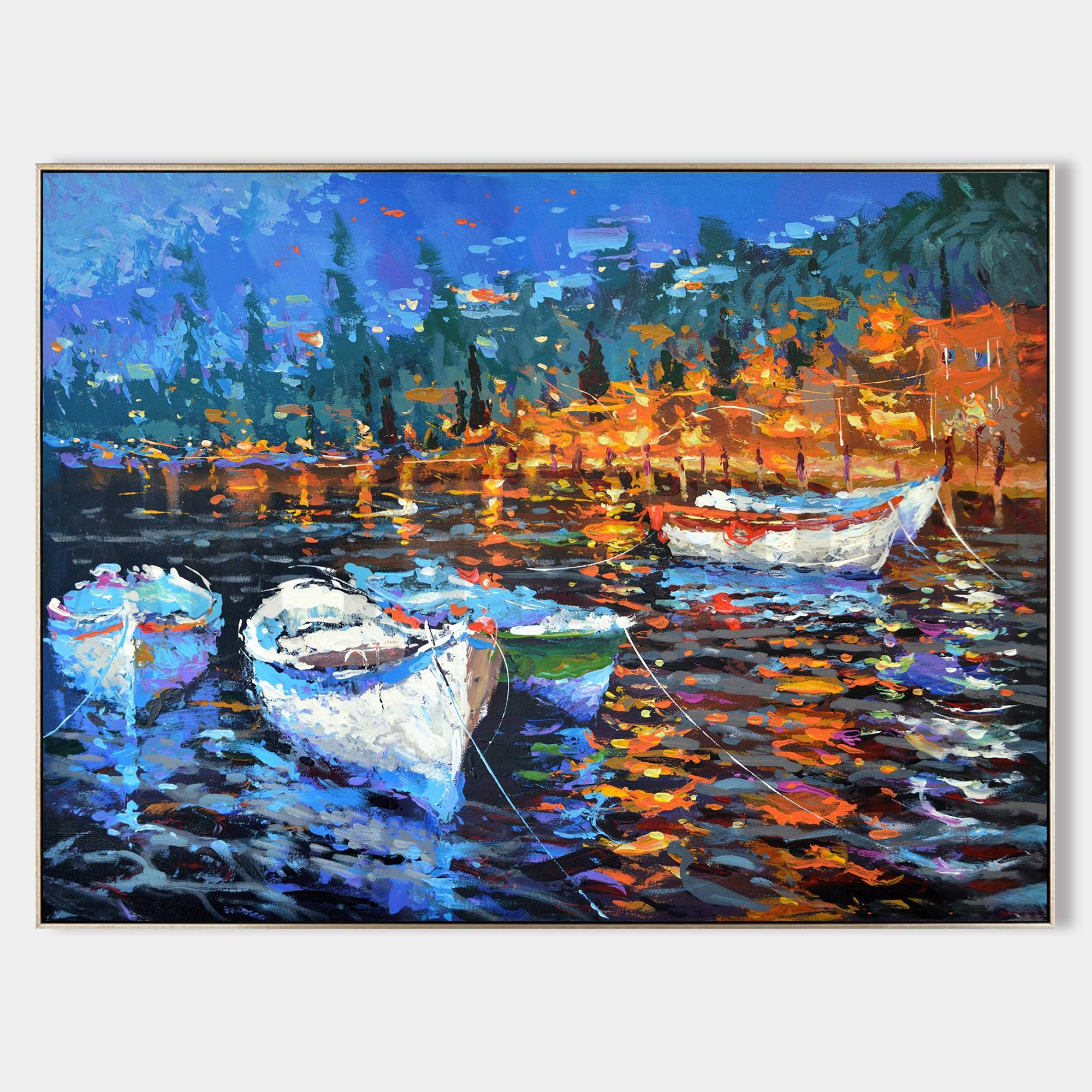 a painting of boats floating on a body of water