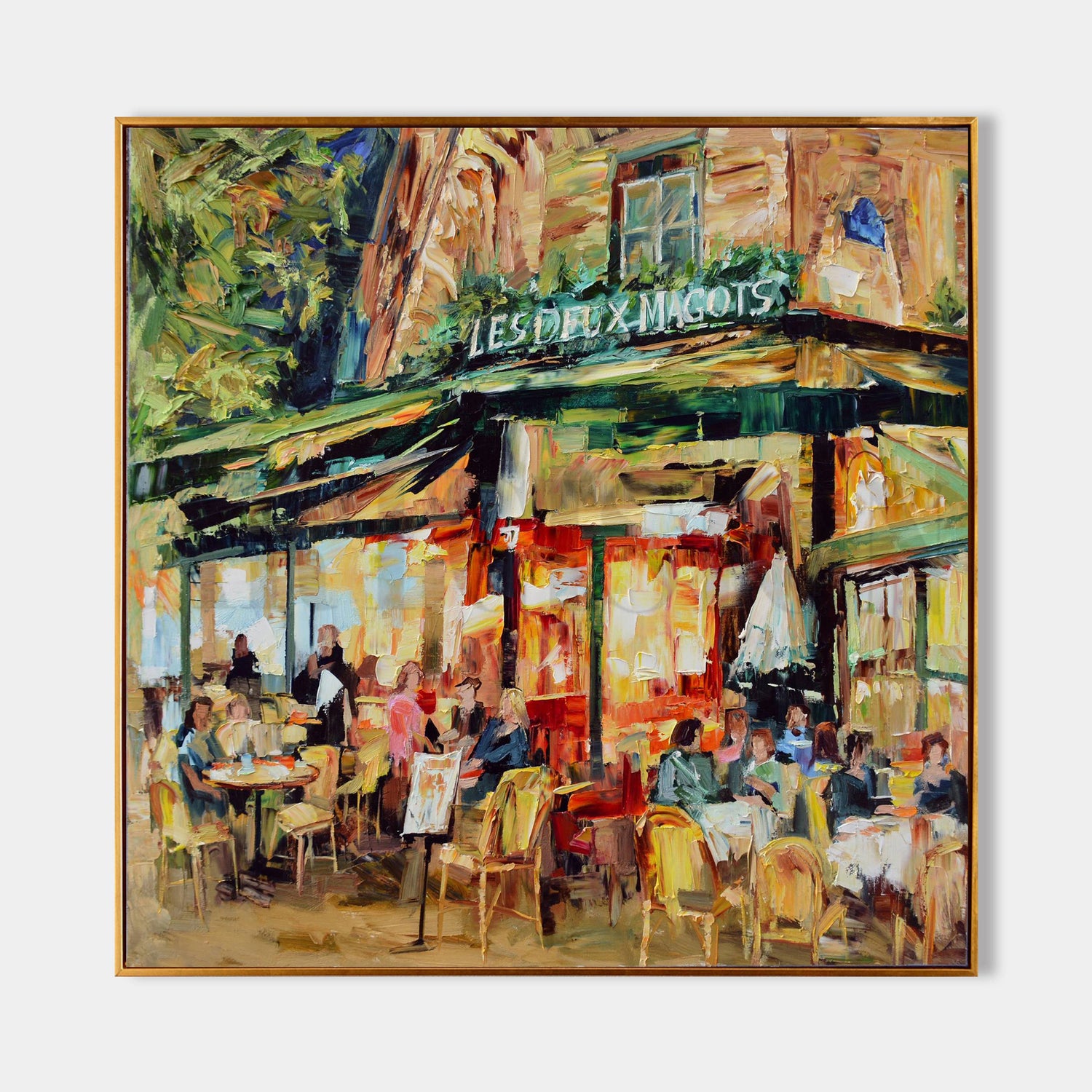 a painting of people sitting outside of a restaurant