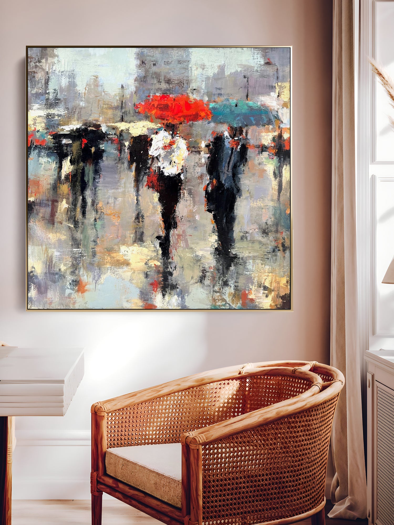 a painting of people walking in the rain with umbrellas