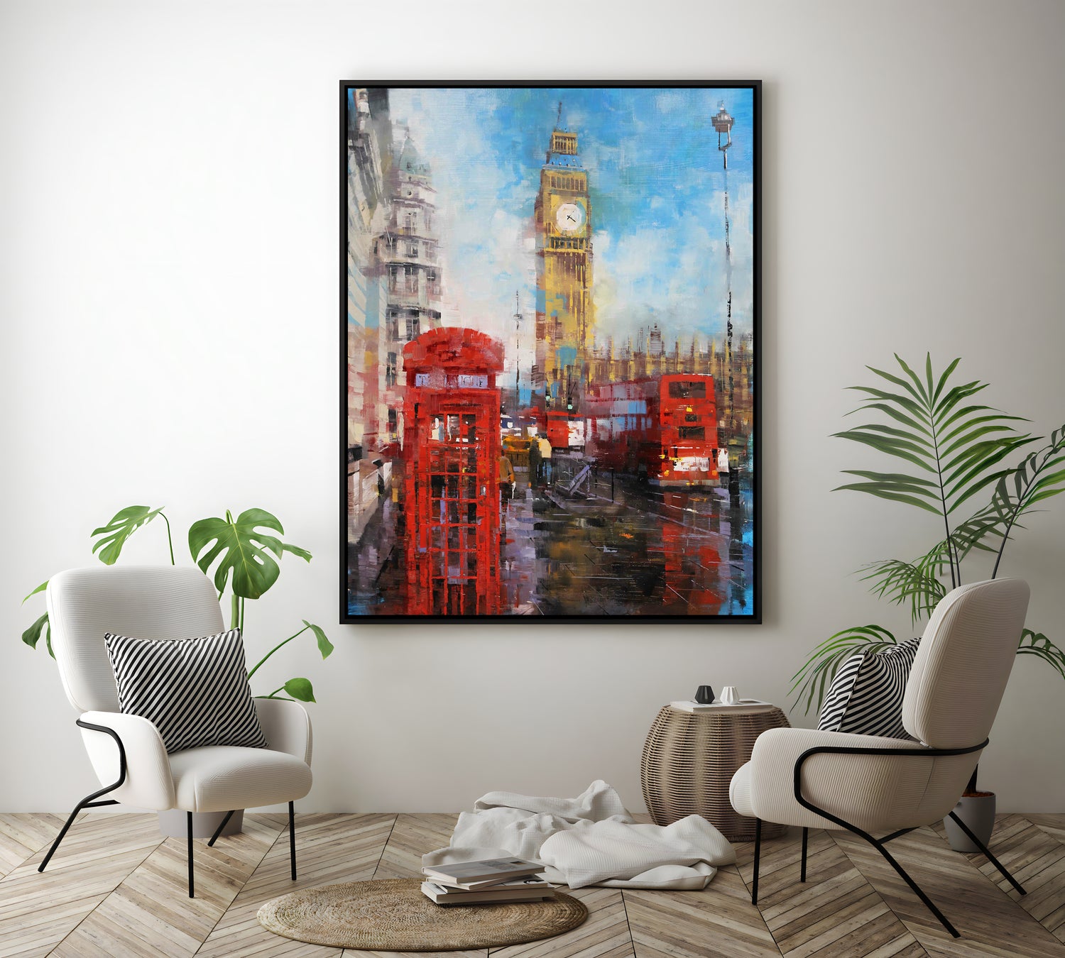 a painting of a city with a clock tower