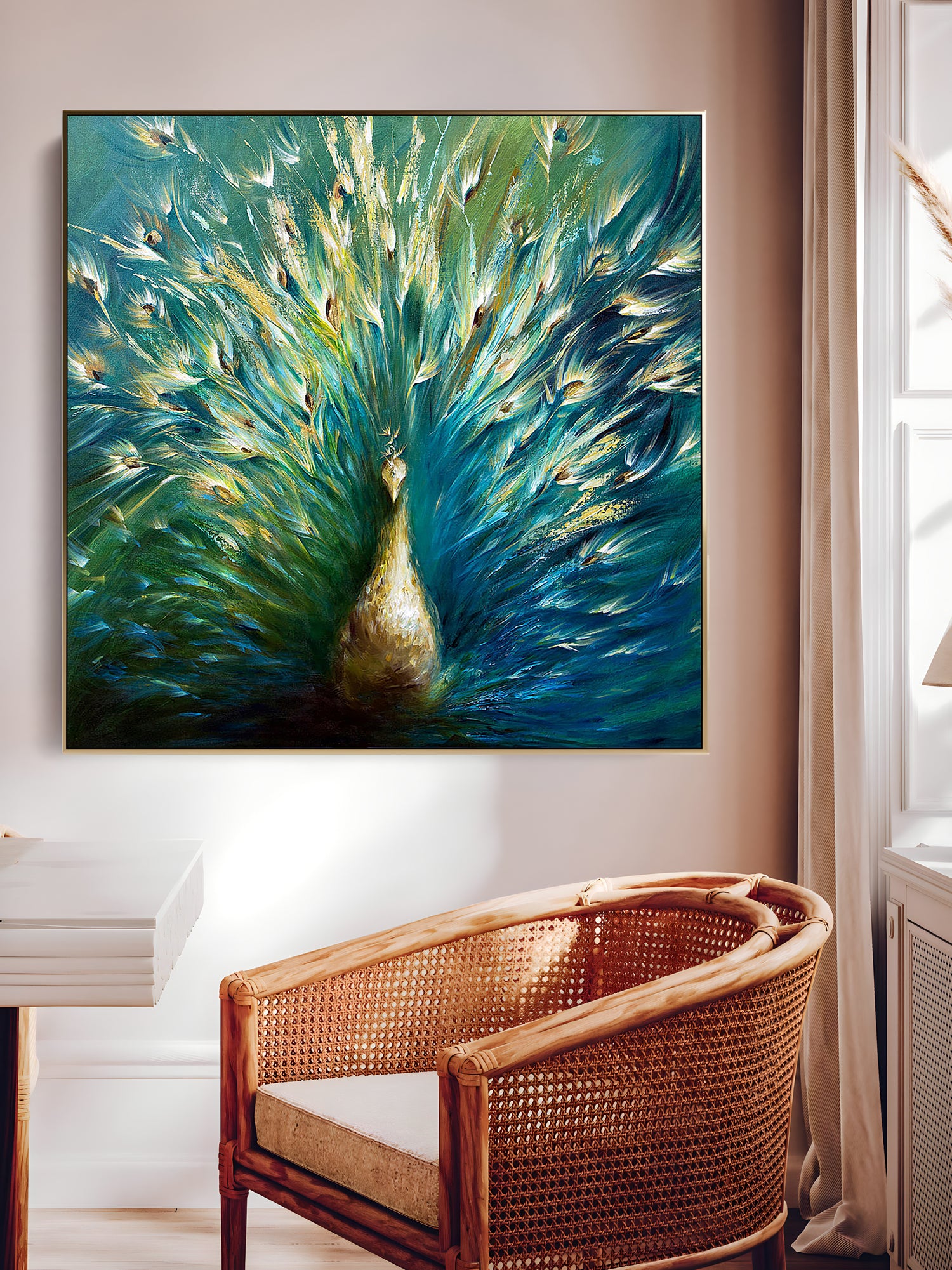 a painting of a peacock in a room