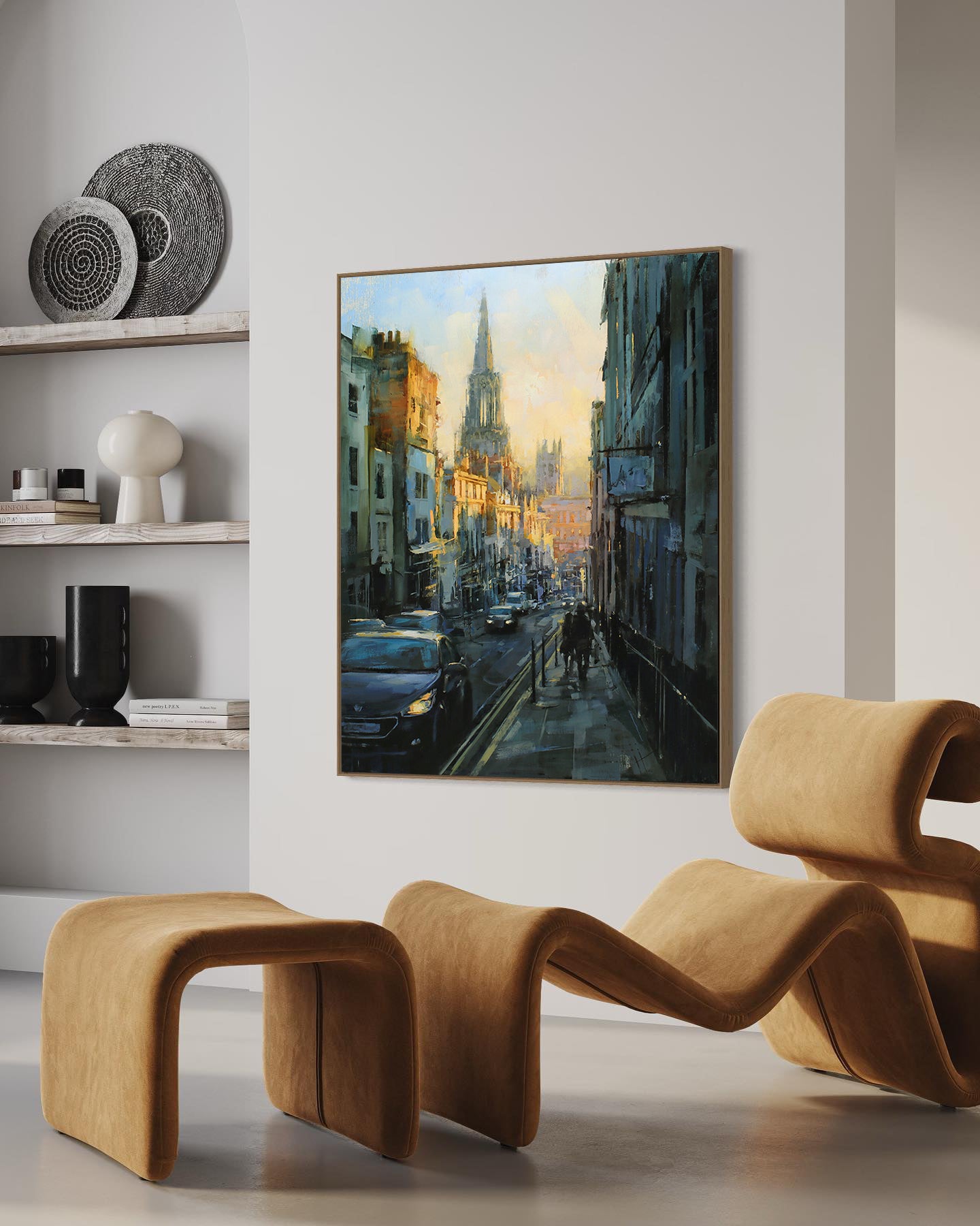 a painting of a city street in a living room