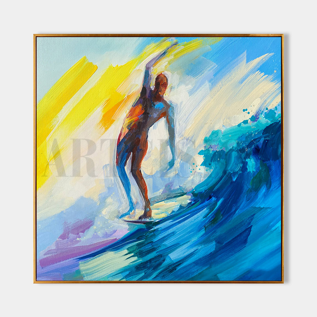 a painting of a surfer riding a wave