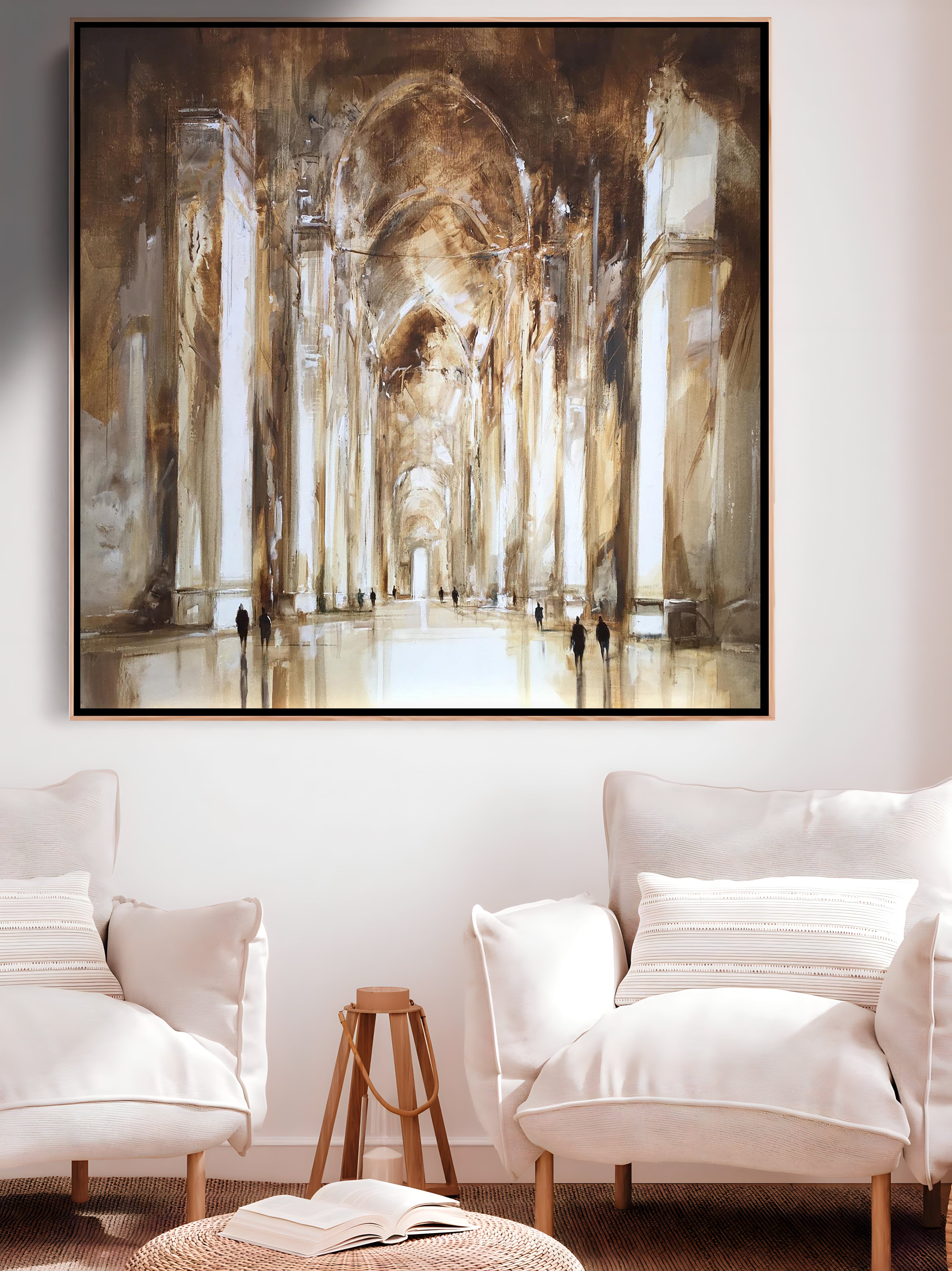 a living room with two white chairs and a large painting on the wall