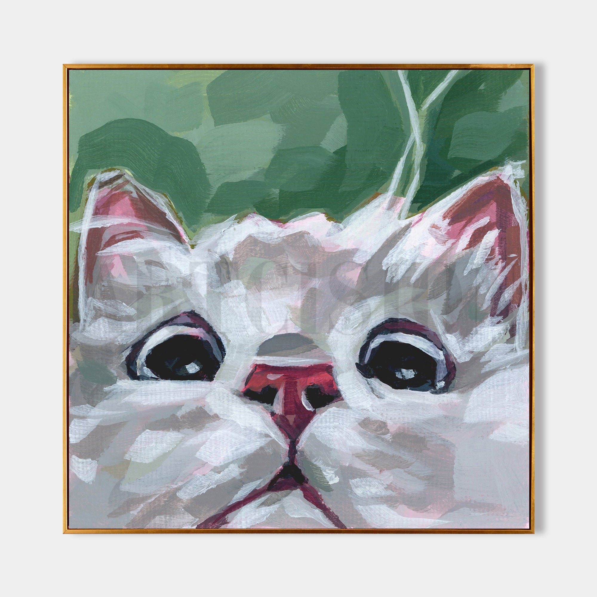 a painting of a white cat with big eyes