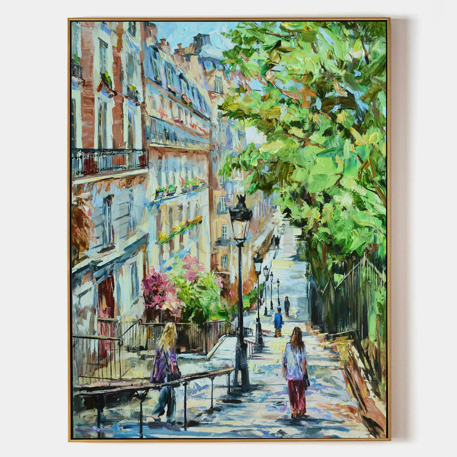 a painting of a woman walking down a street