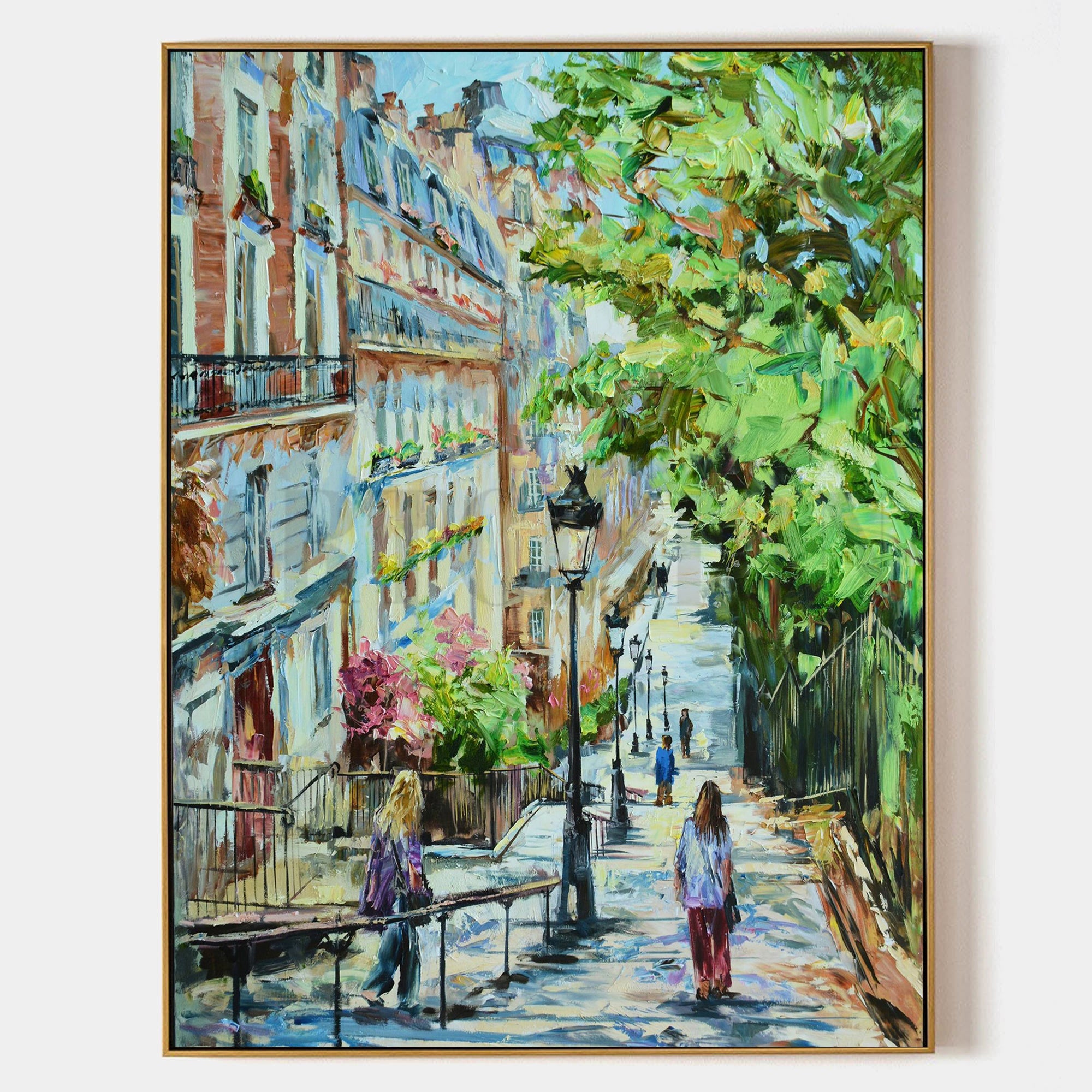 a painting of a woman walking down a street