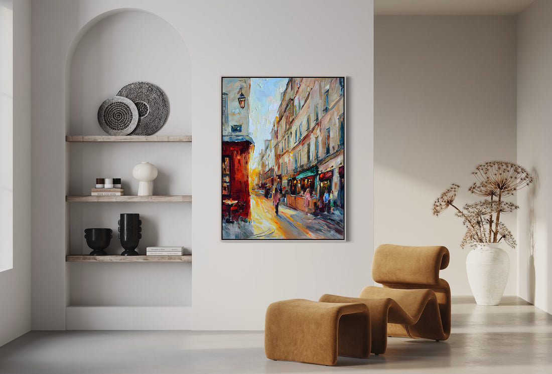 a painting of a city street in a living room