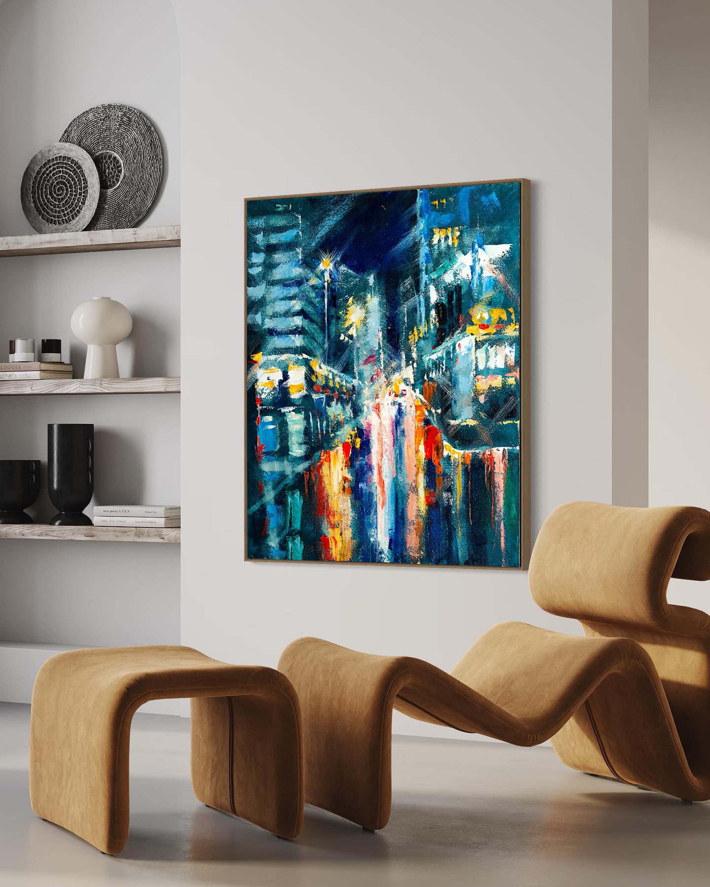 a painting of a city street at night