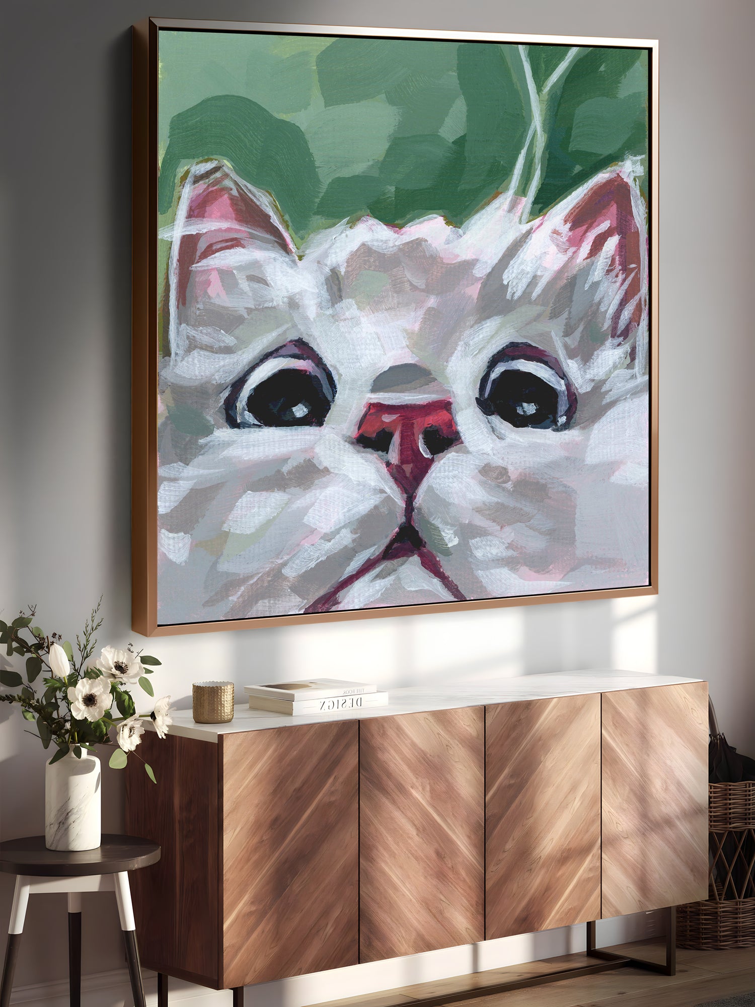 a painting of a white cat on a wall