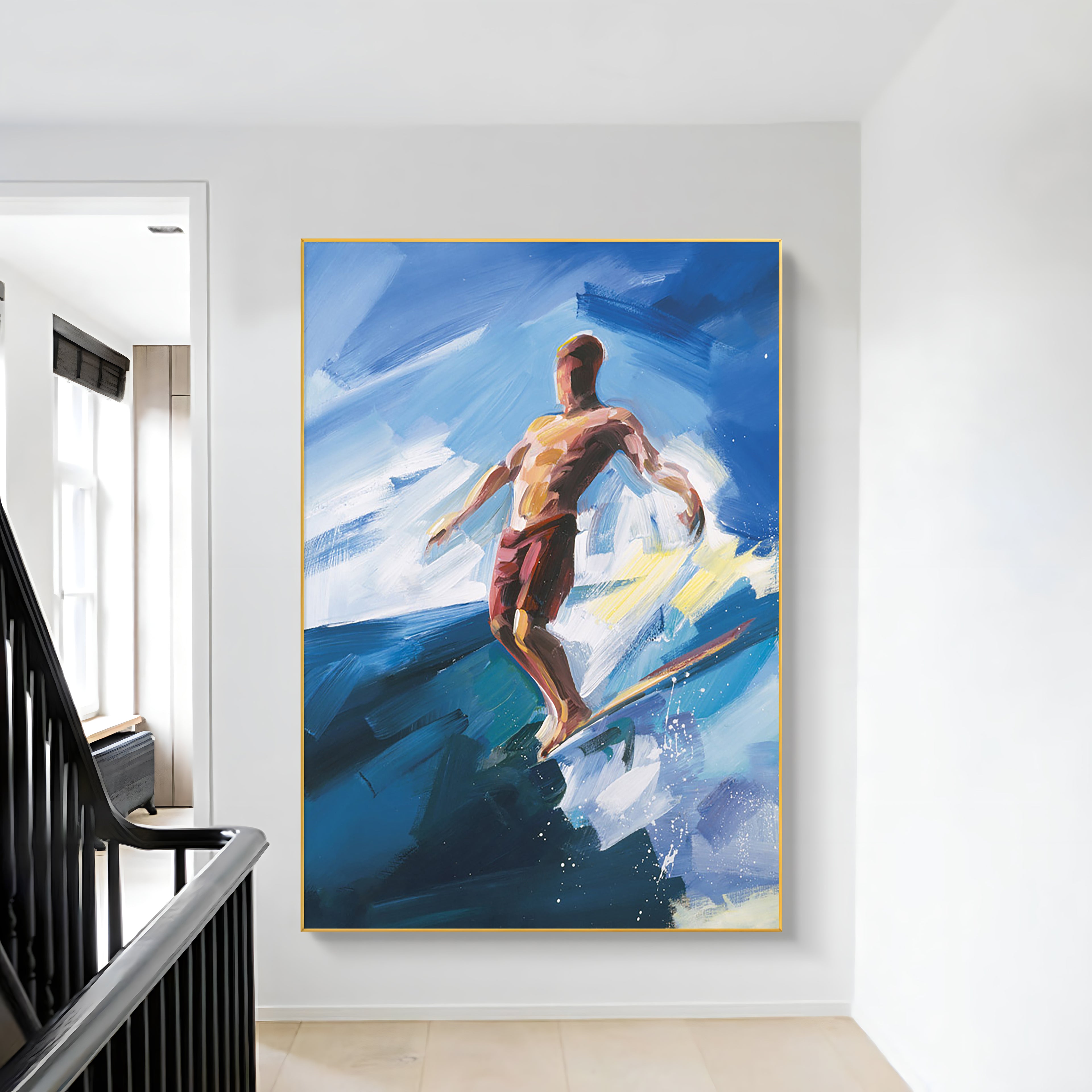 a painting of a man surfing in the ocean