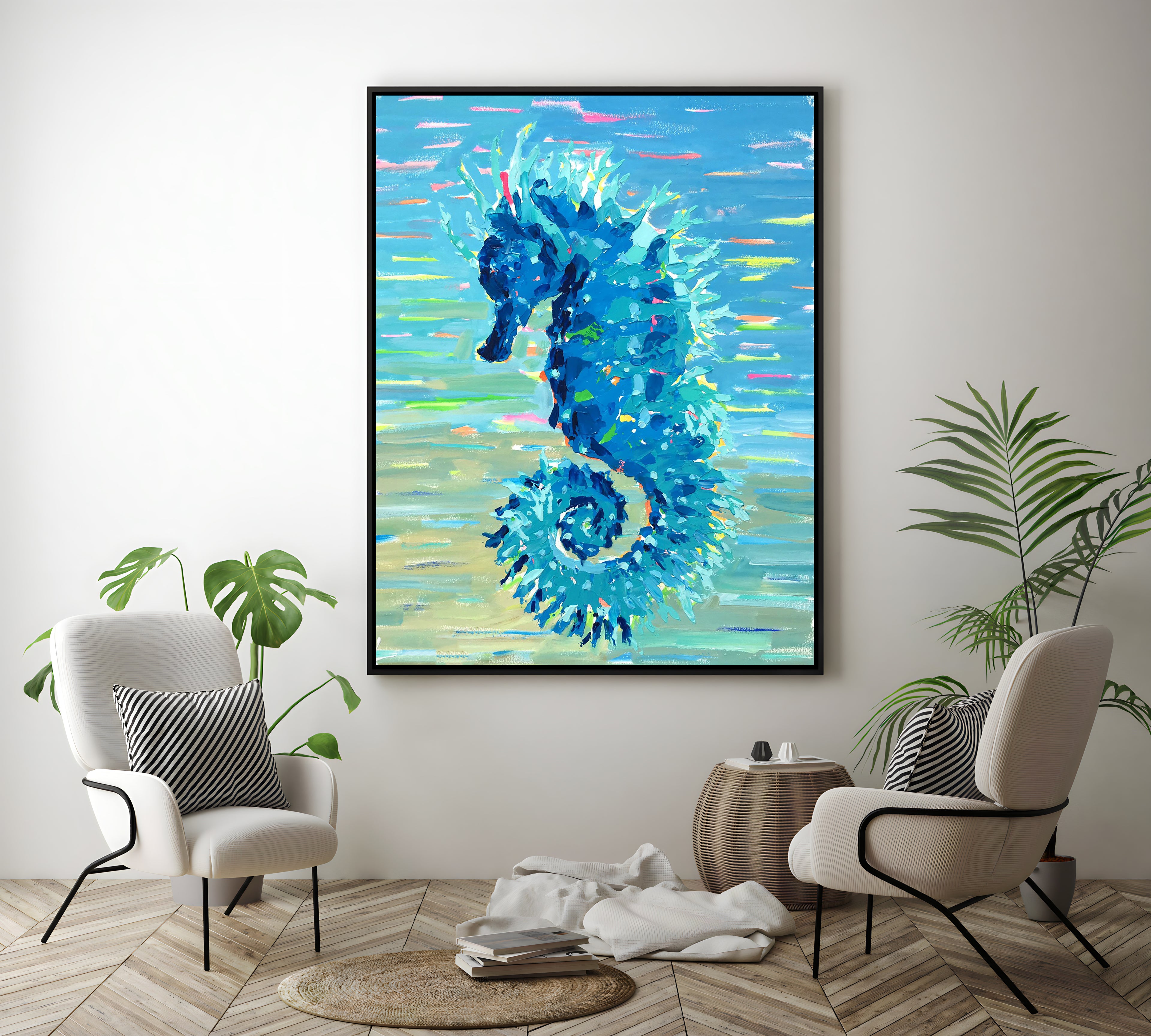 a painting of a sea horse on a wall