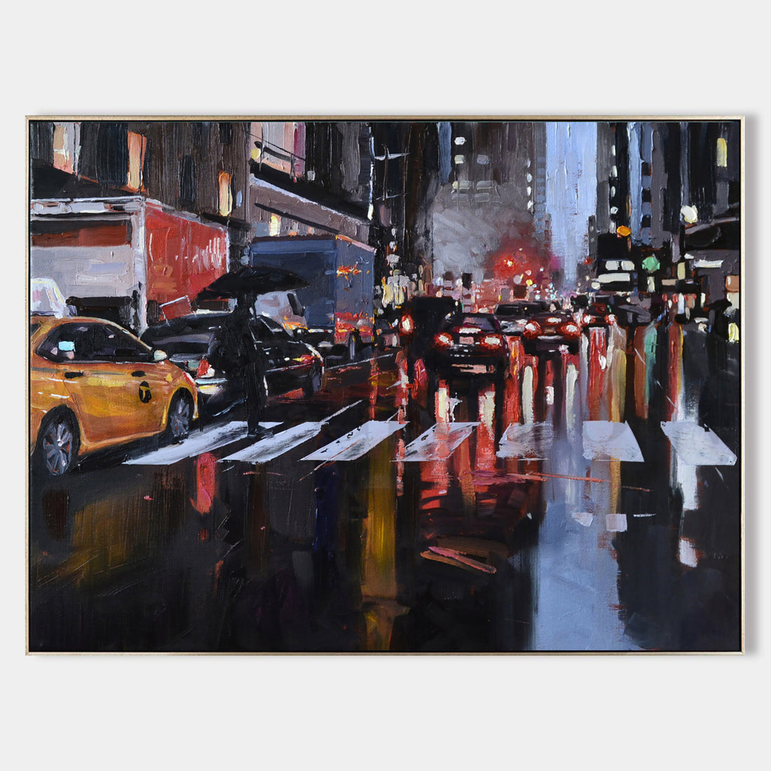 a painting of a busy city street at night