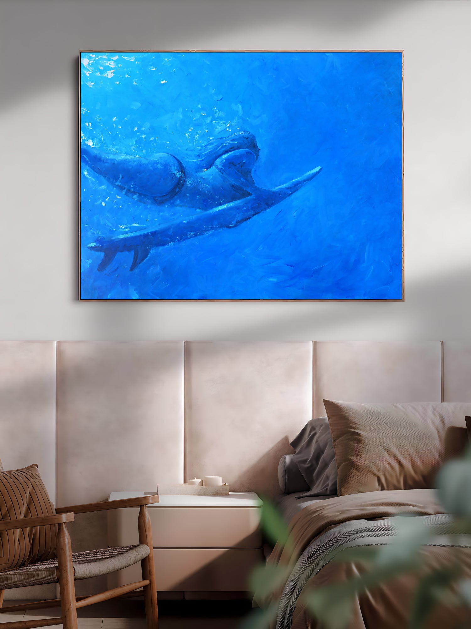 a painting of two dolphins swimming in the ocean