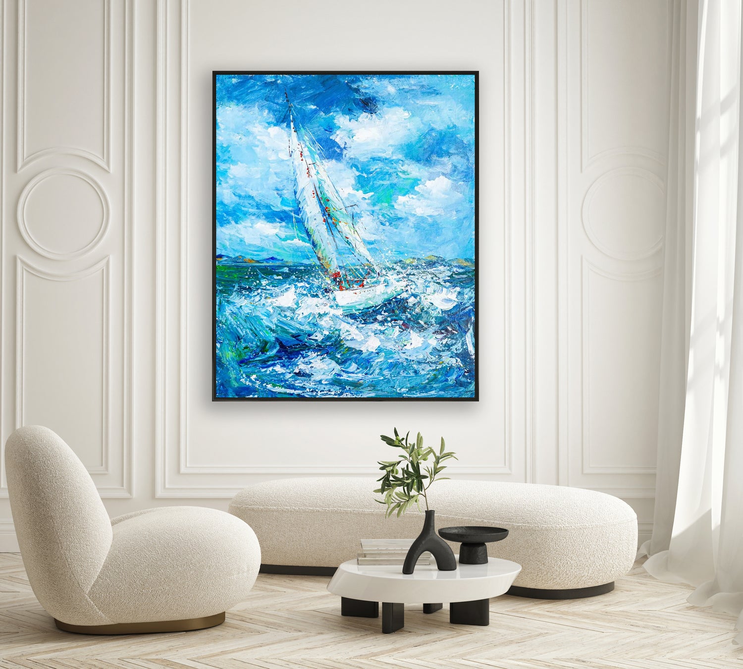 a painting of a sailboat in the ocean