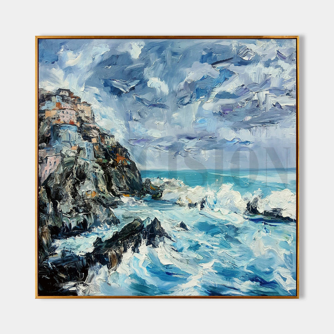 a painting of a rocky cliff by the ocean