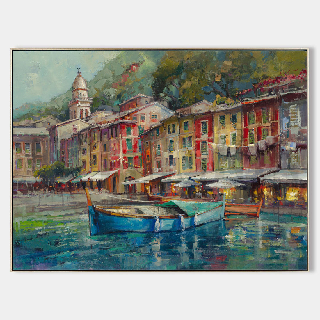 a painting of a boat in a harbor