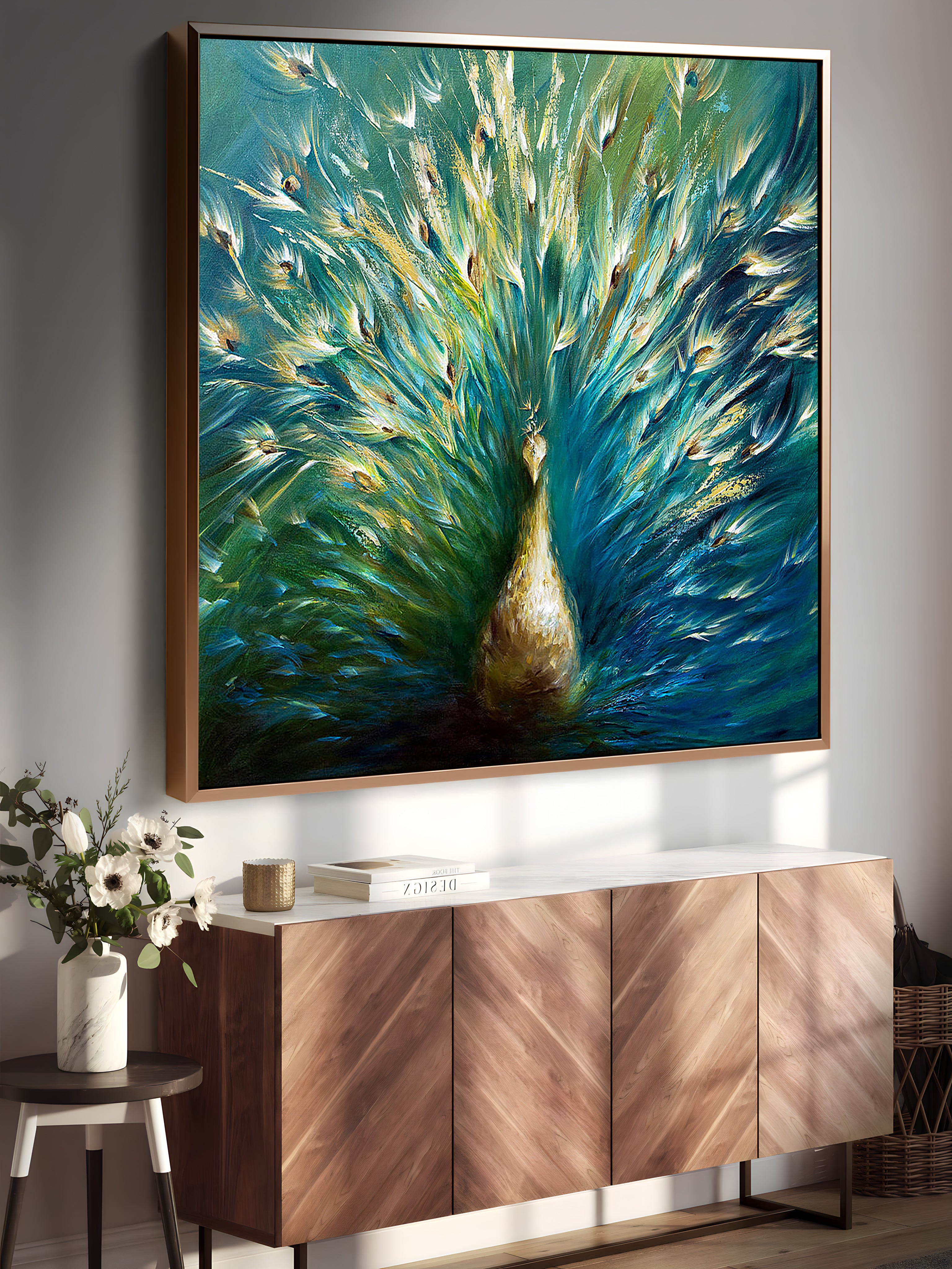 a painting of a peacock is hanging on a wall