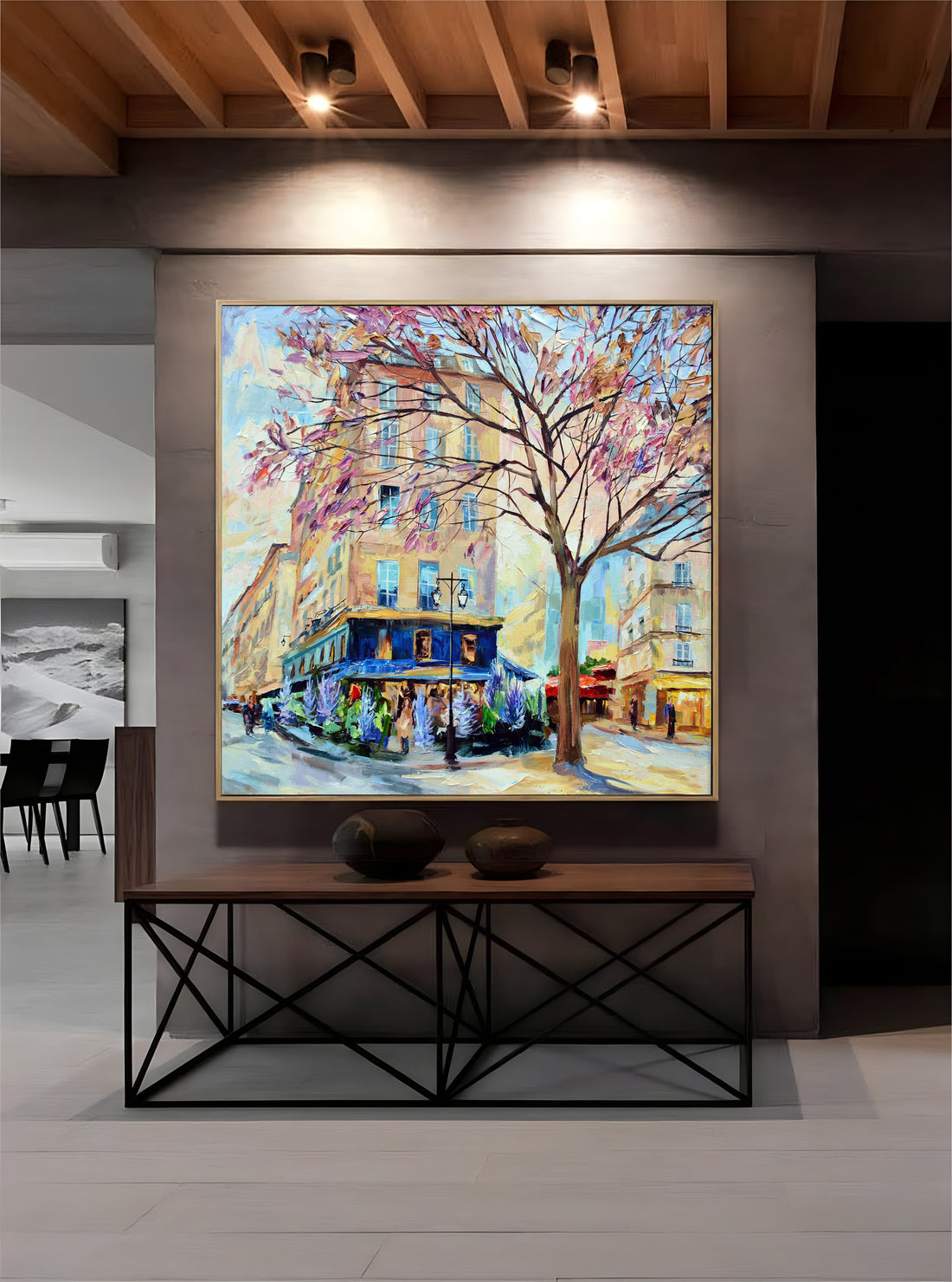 a painting of a city street with a tree