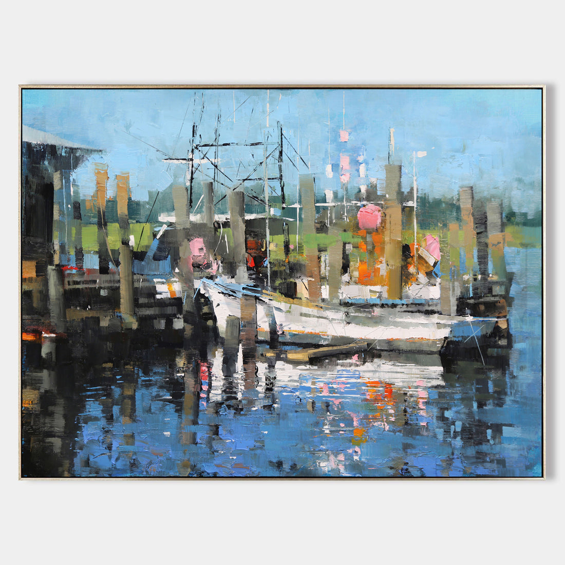 a painting of a boat docked at a pier