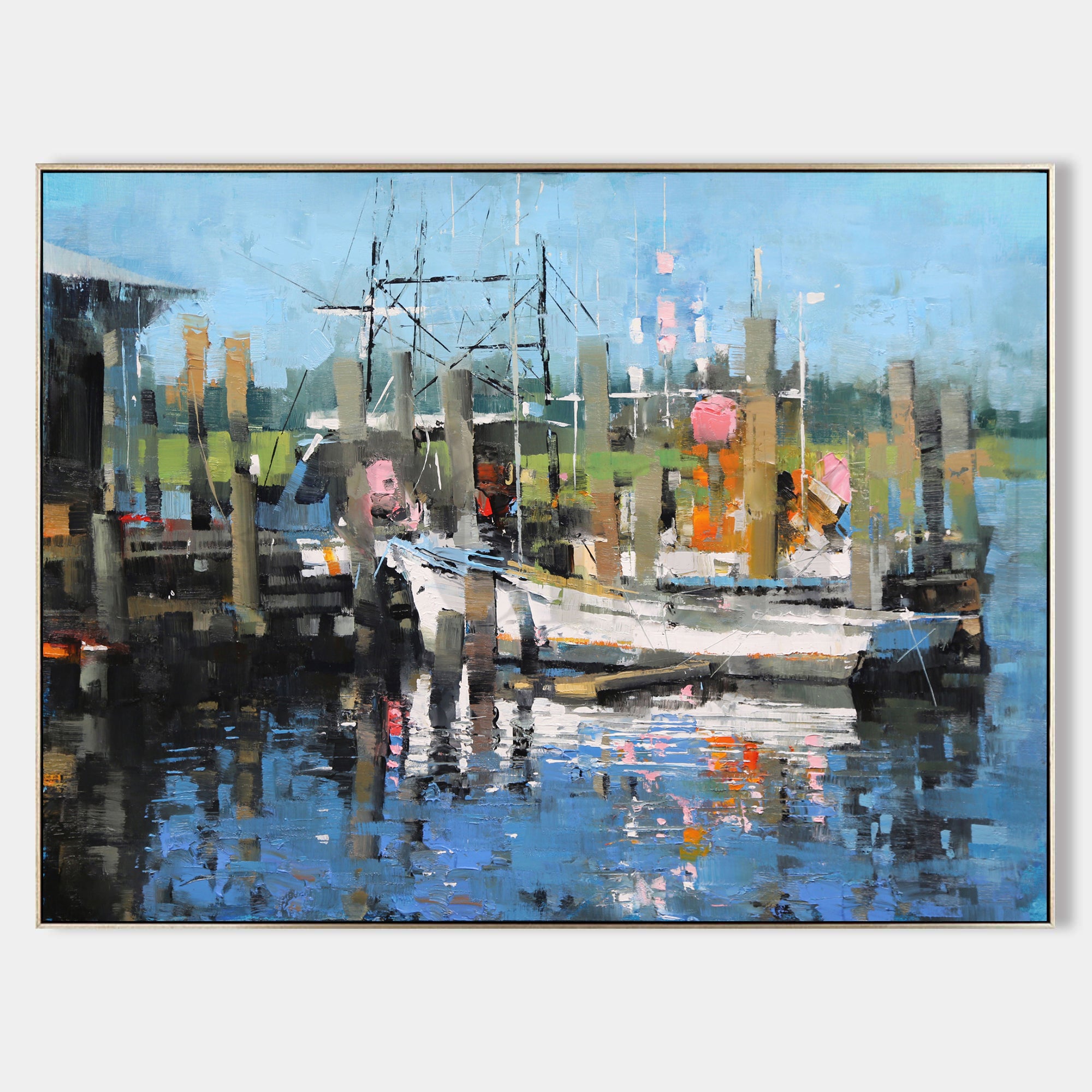 a painting of a boat docked at a pier