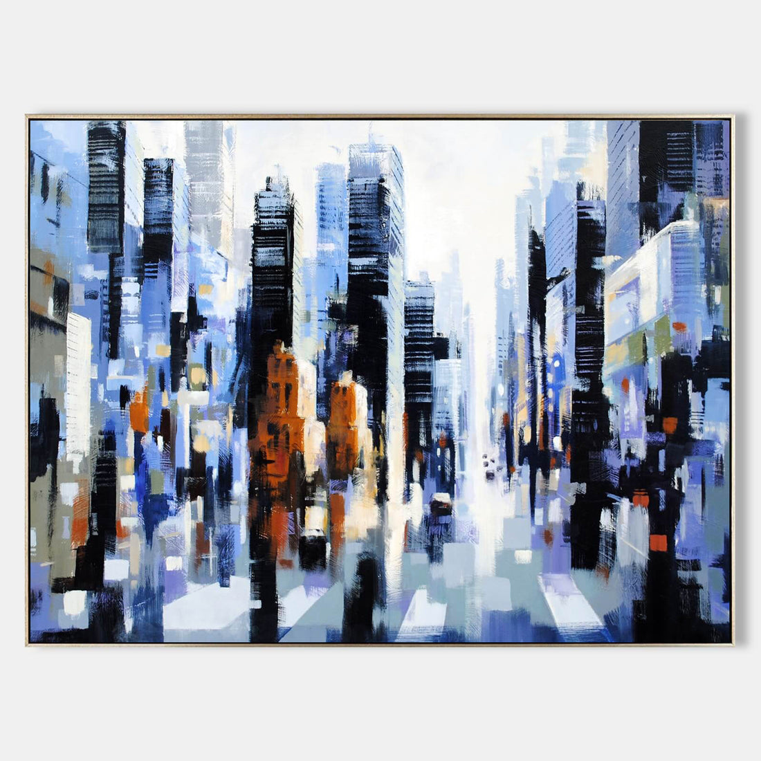 a painting of a city street filled with tall buildings