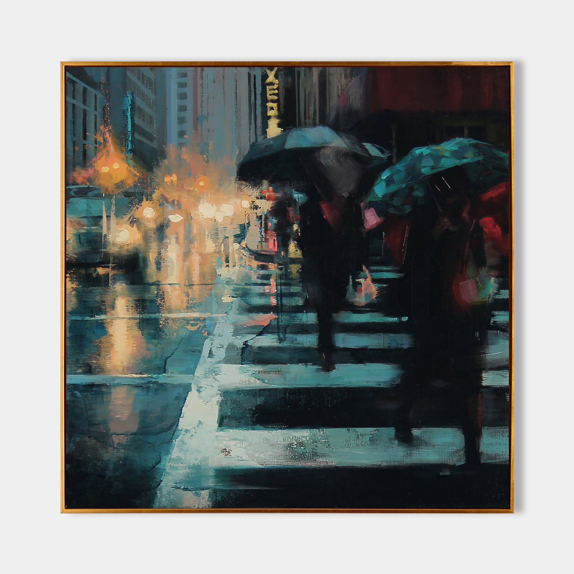 a painting of people with umbrellas crossing a street