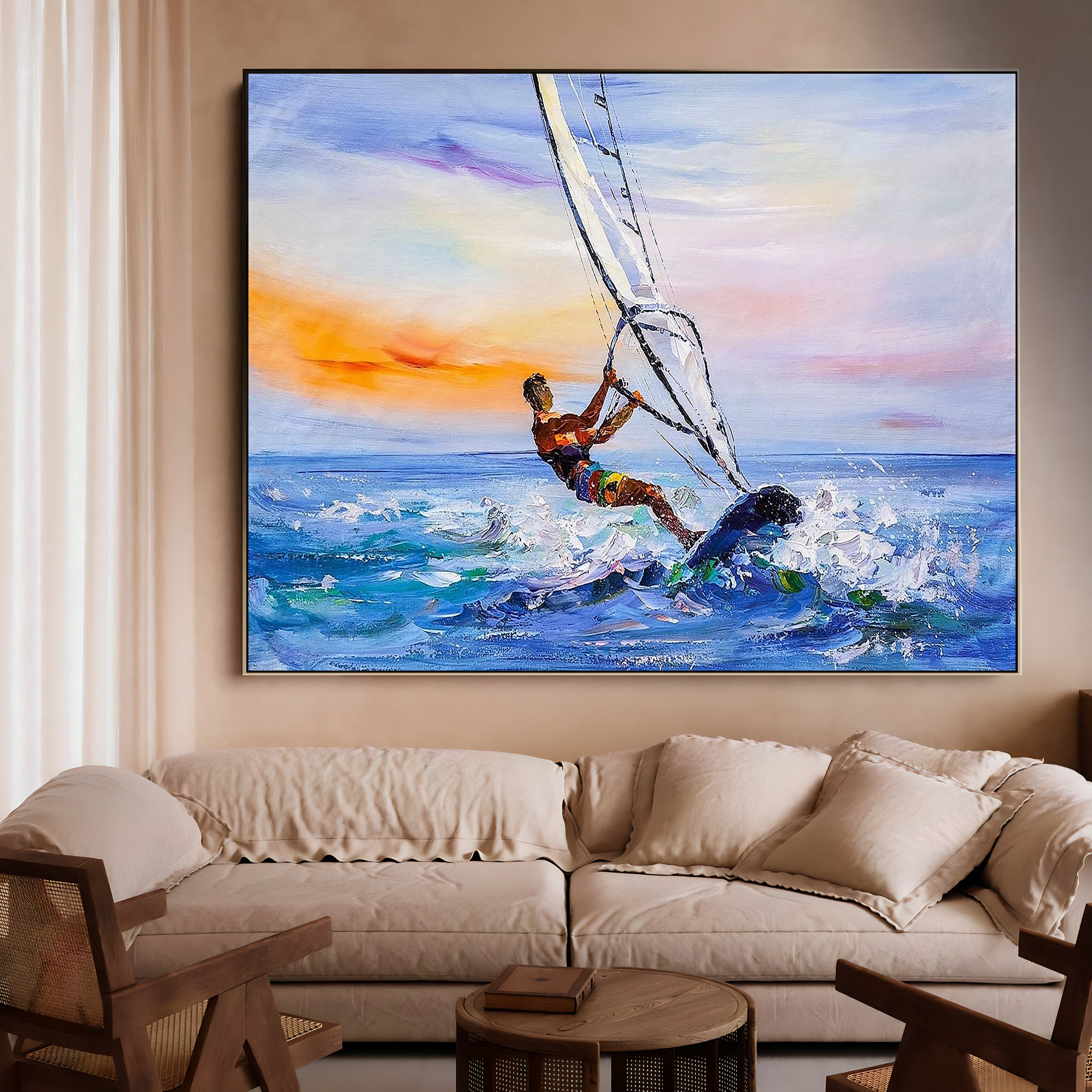 a painting of a man on a surfboard riding a wave