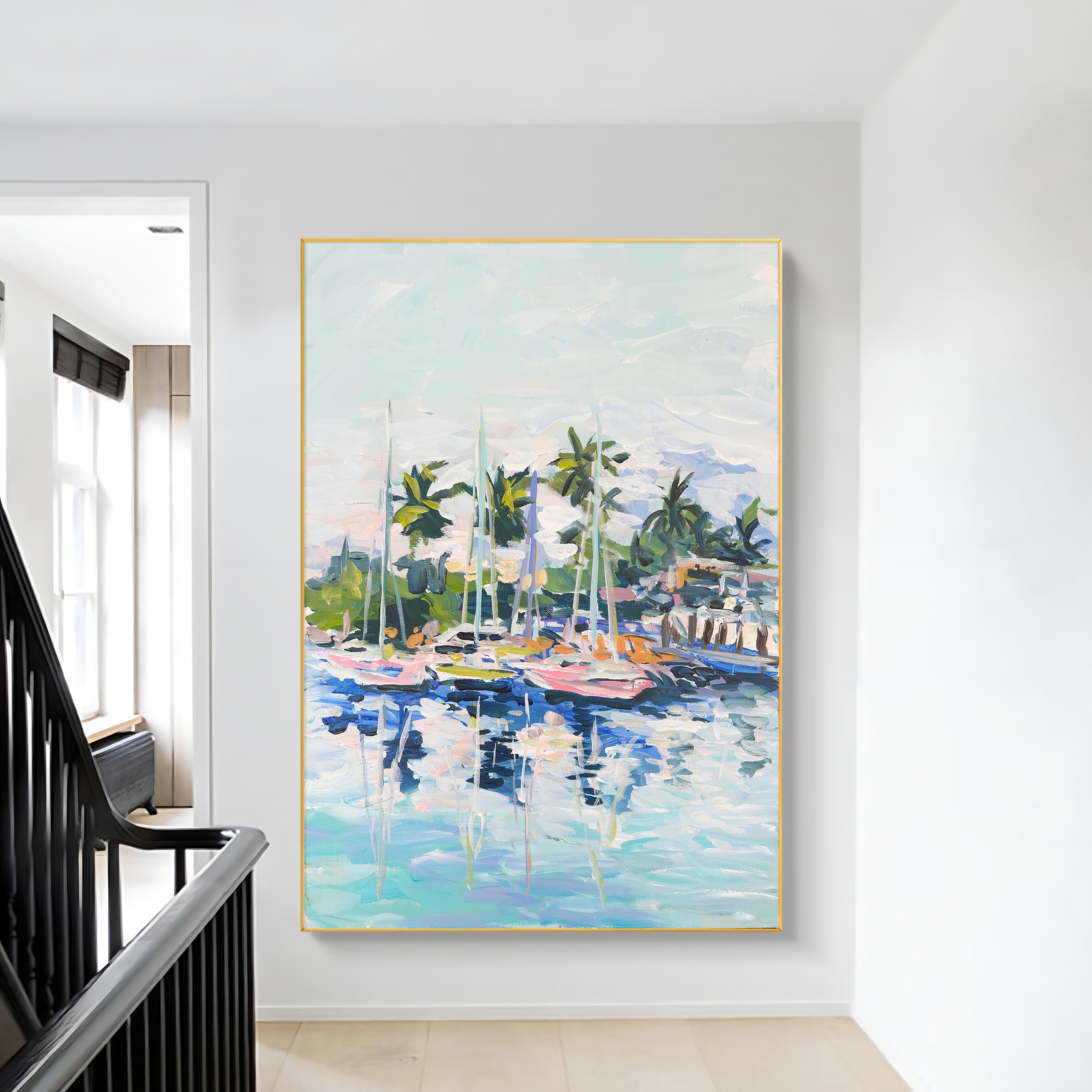 a painting hanging on a wall next to a banister