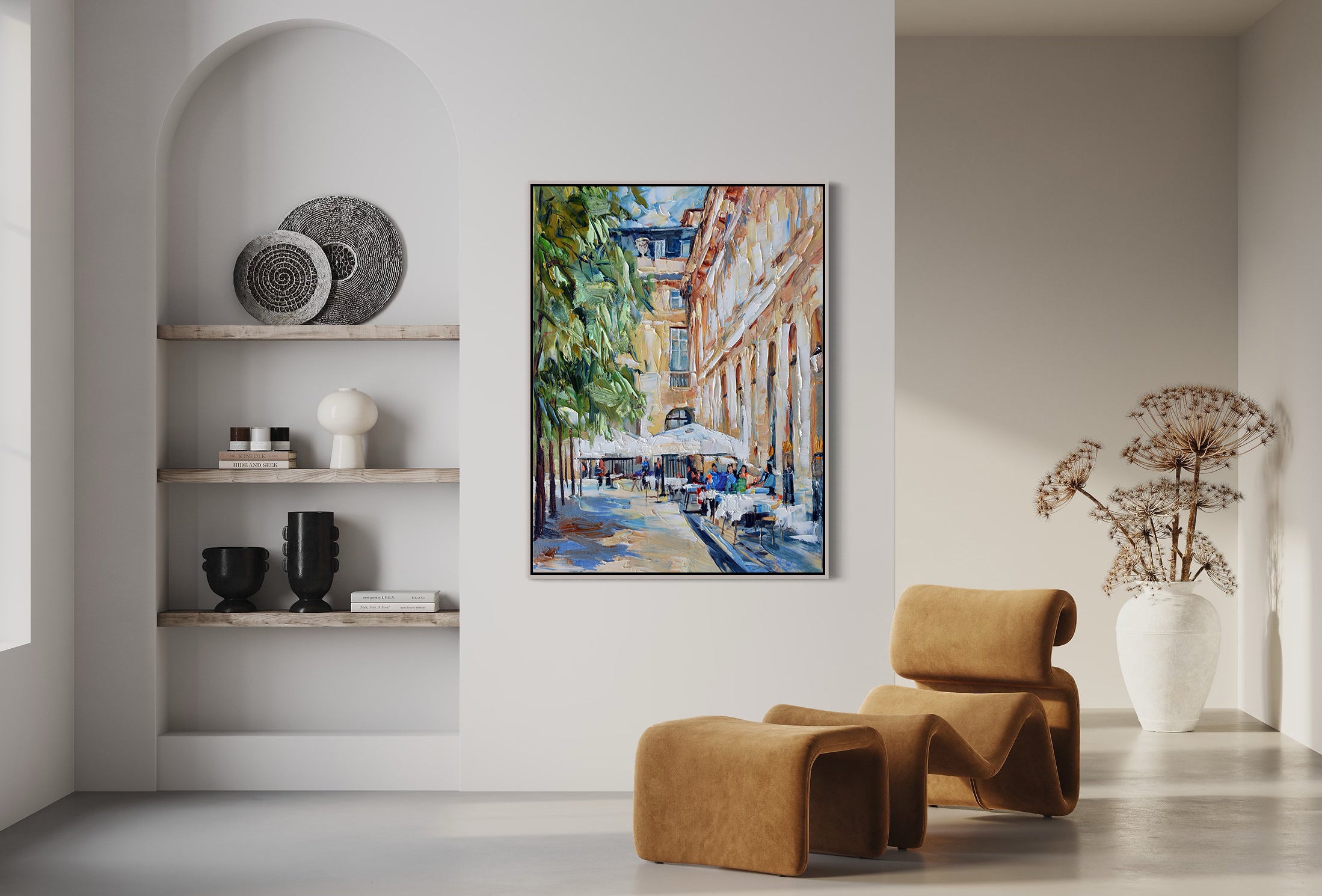 a painting of a city street in a living room