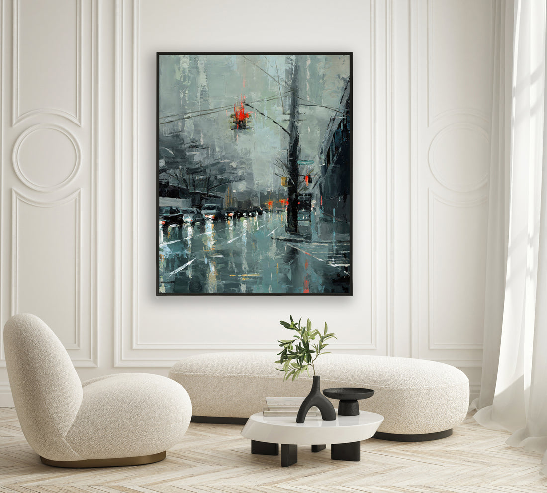 a painting of a city street in the rain