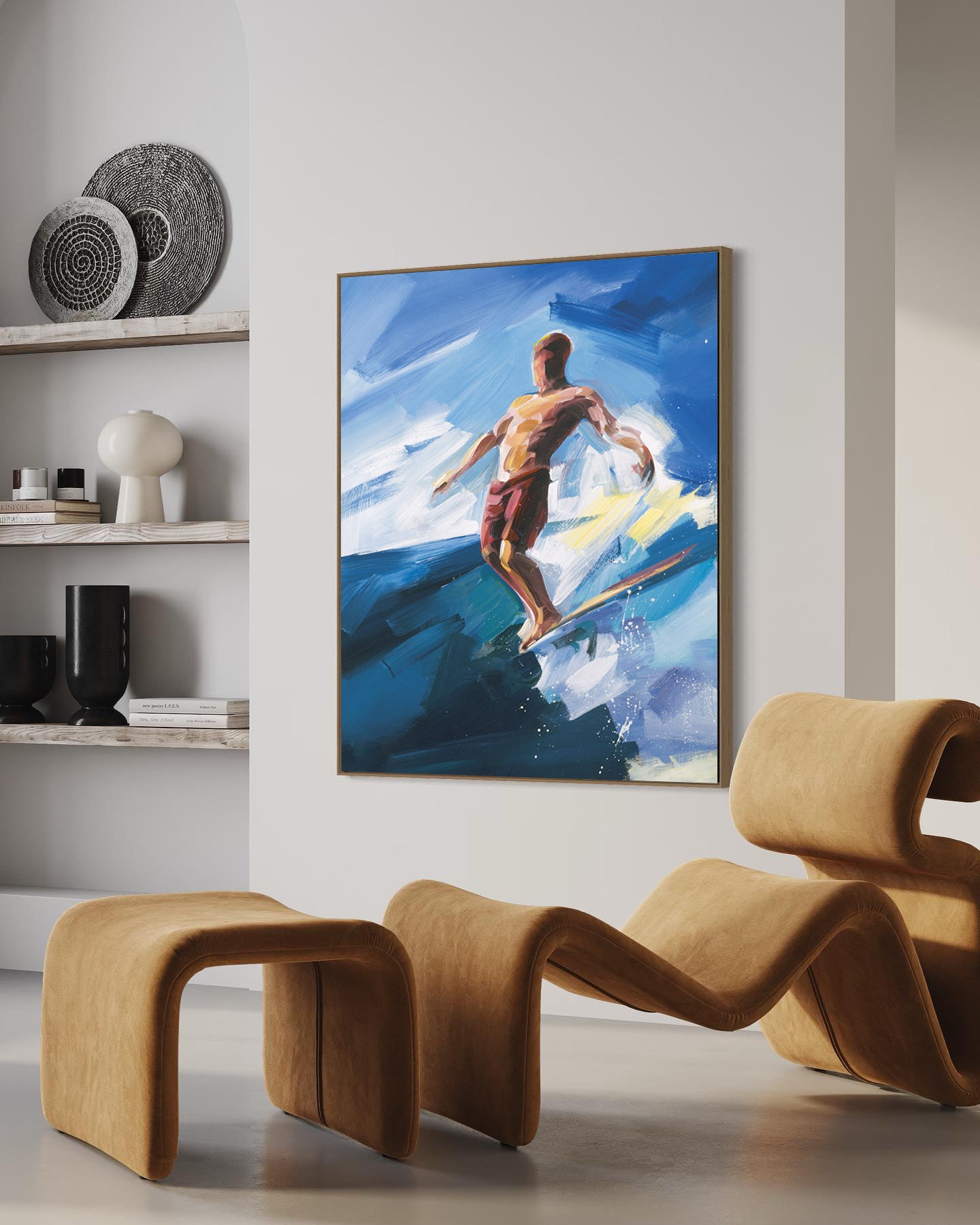 a painting of a man surfing in the ocean