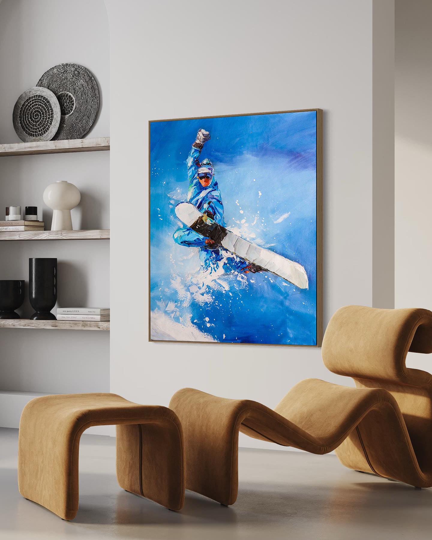 a painting of a man on a surfboard in a living room