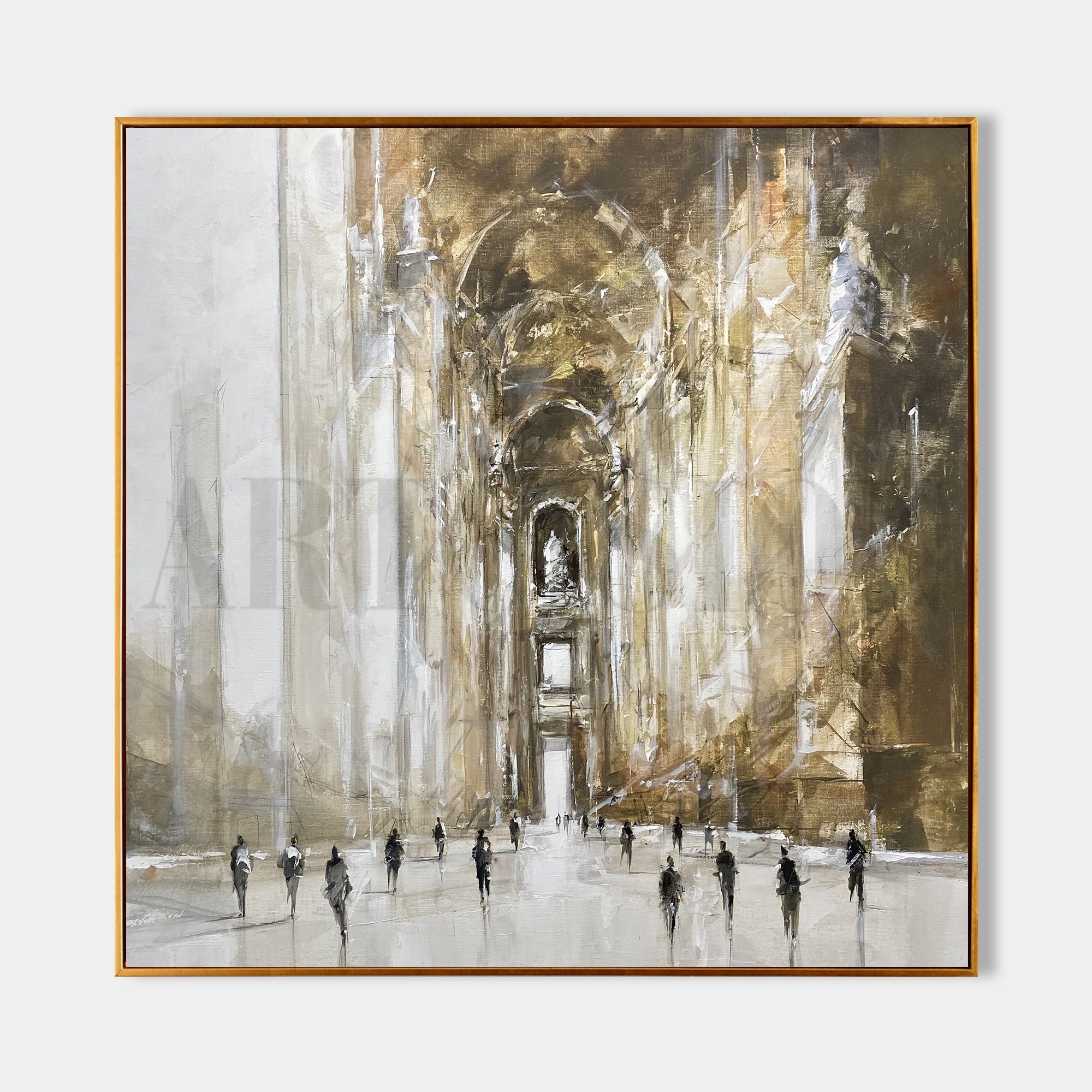 a painting of a group of people walking through a cathedral