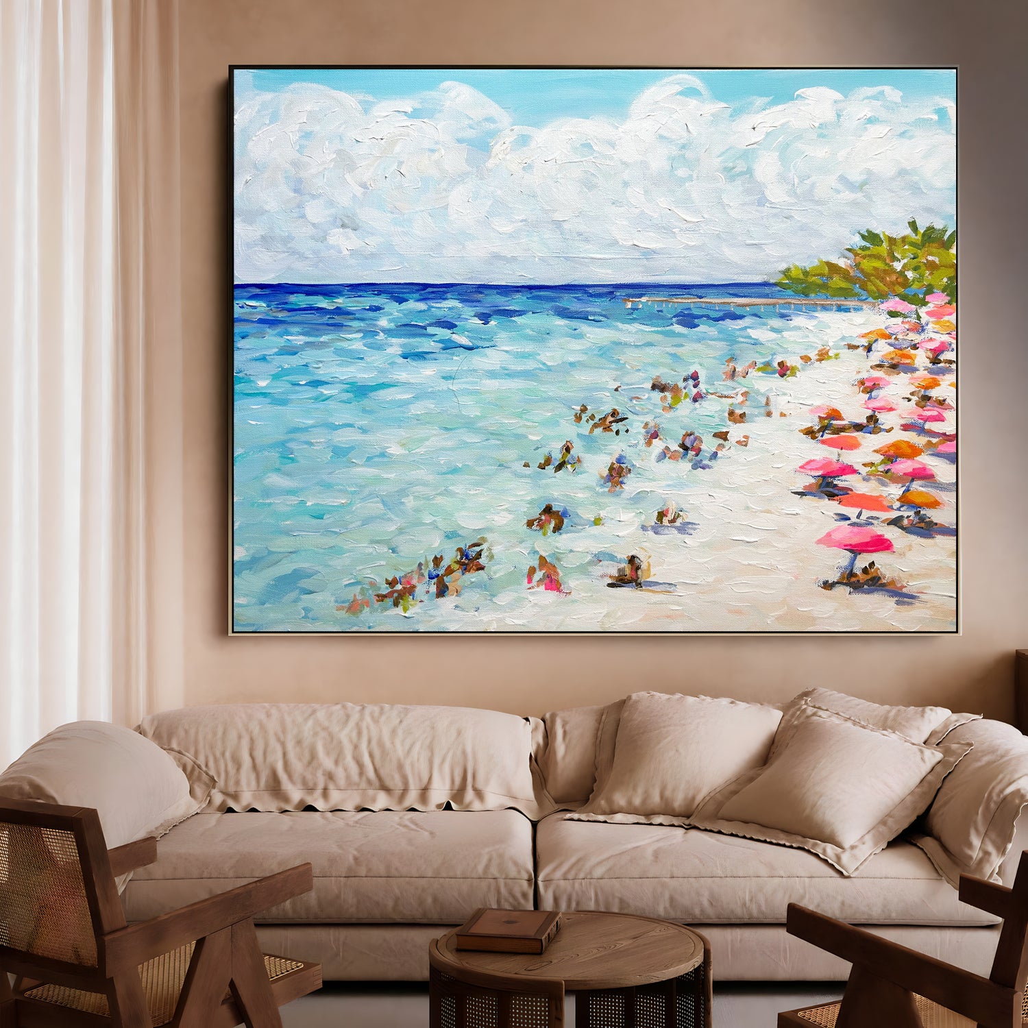 a painting of a beach with people on it