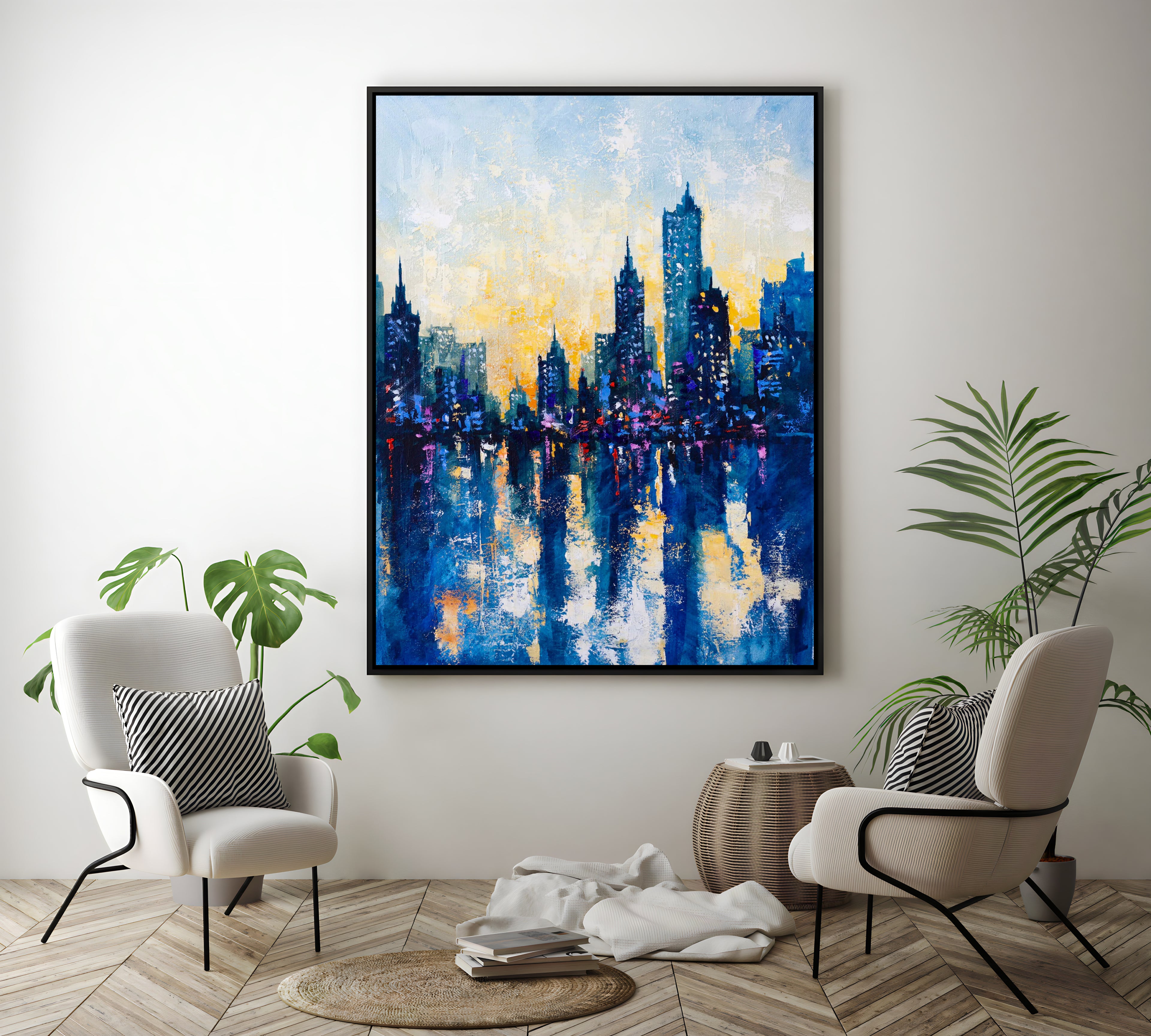 a painting of a cityscape in a living room