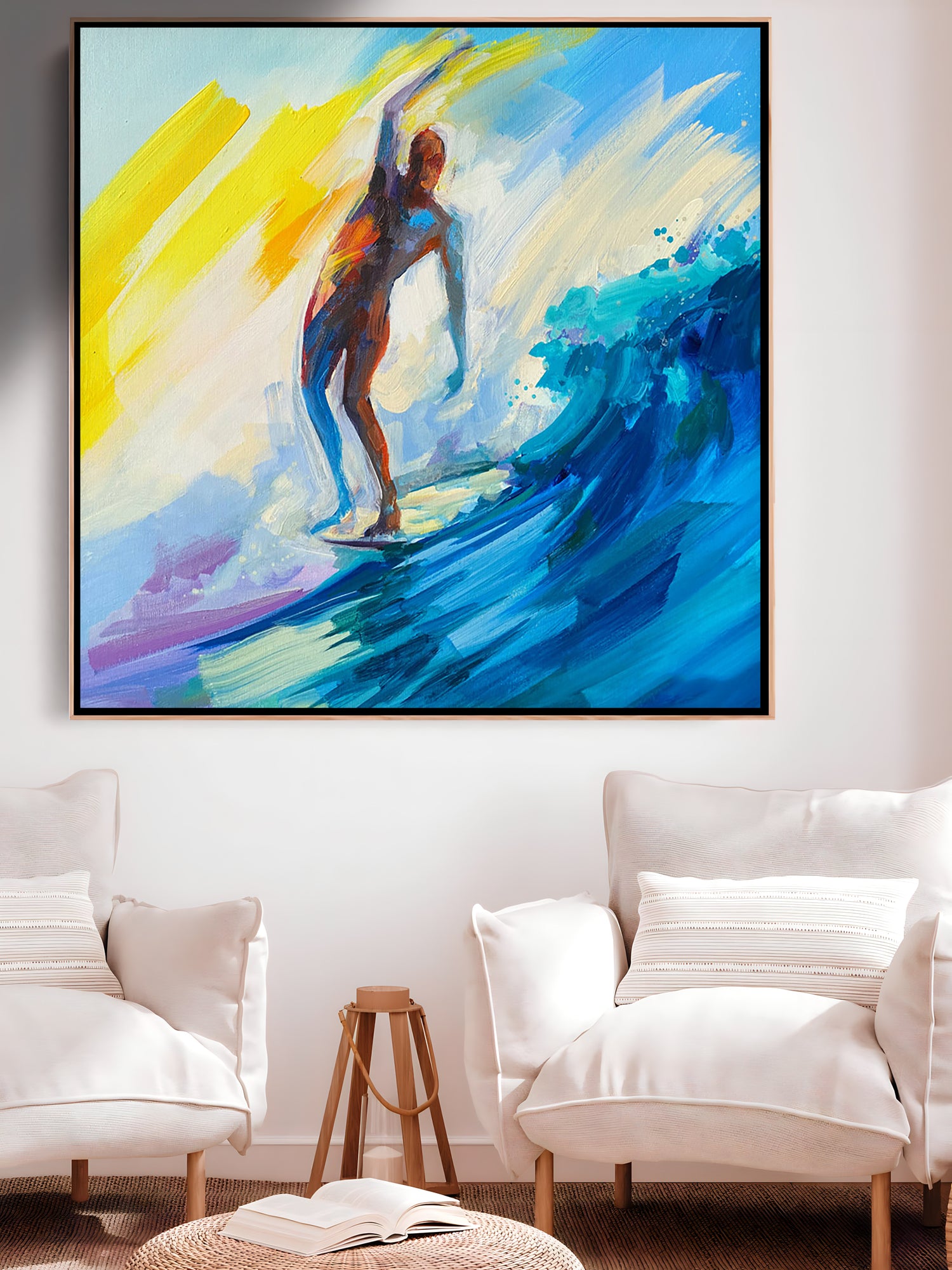 a painting of a surfer riding a wave